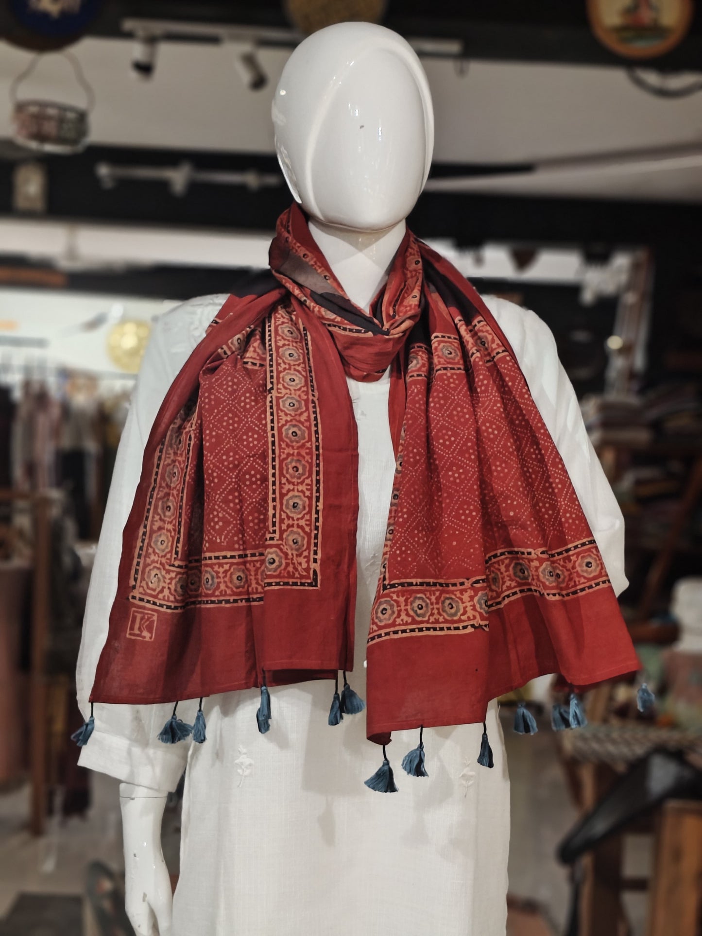 Ajrakh cotton stole - hand block geometric prints