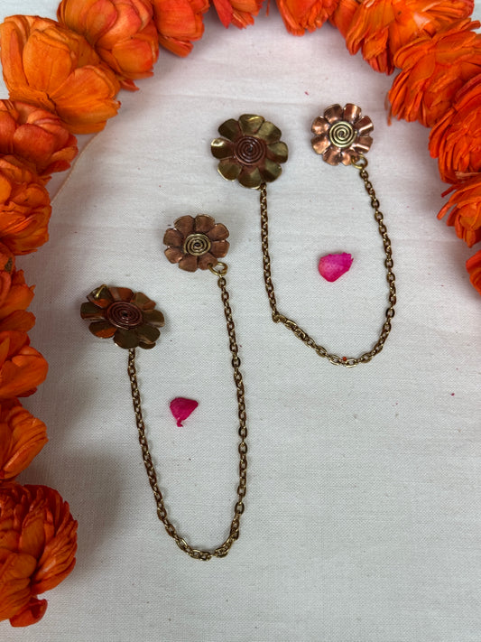 Brass and copper flowers designer earrings plus ear clip on with connecting chain