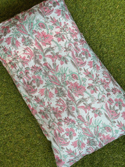 Kota floral hand block printed quilted 12 x 18 inch cotton cushion cover