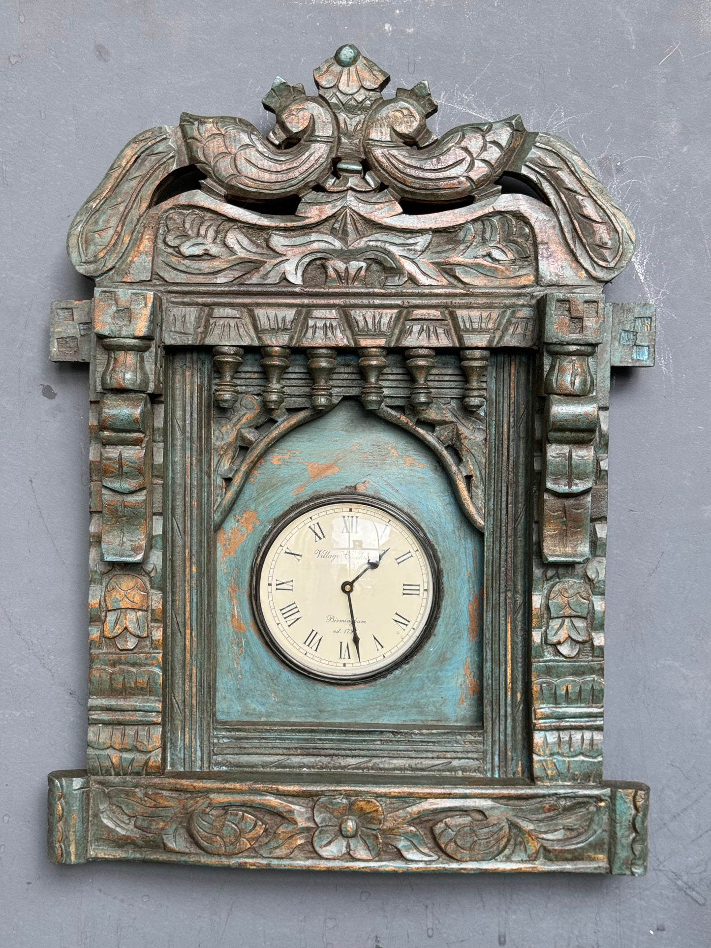 Blue distress finish vintage look jharokha with wall clock
