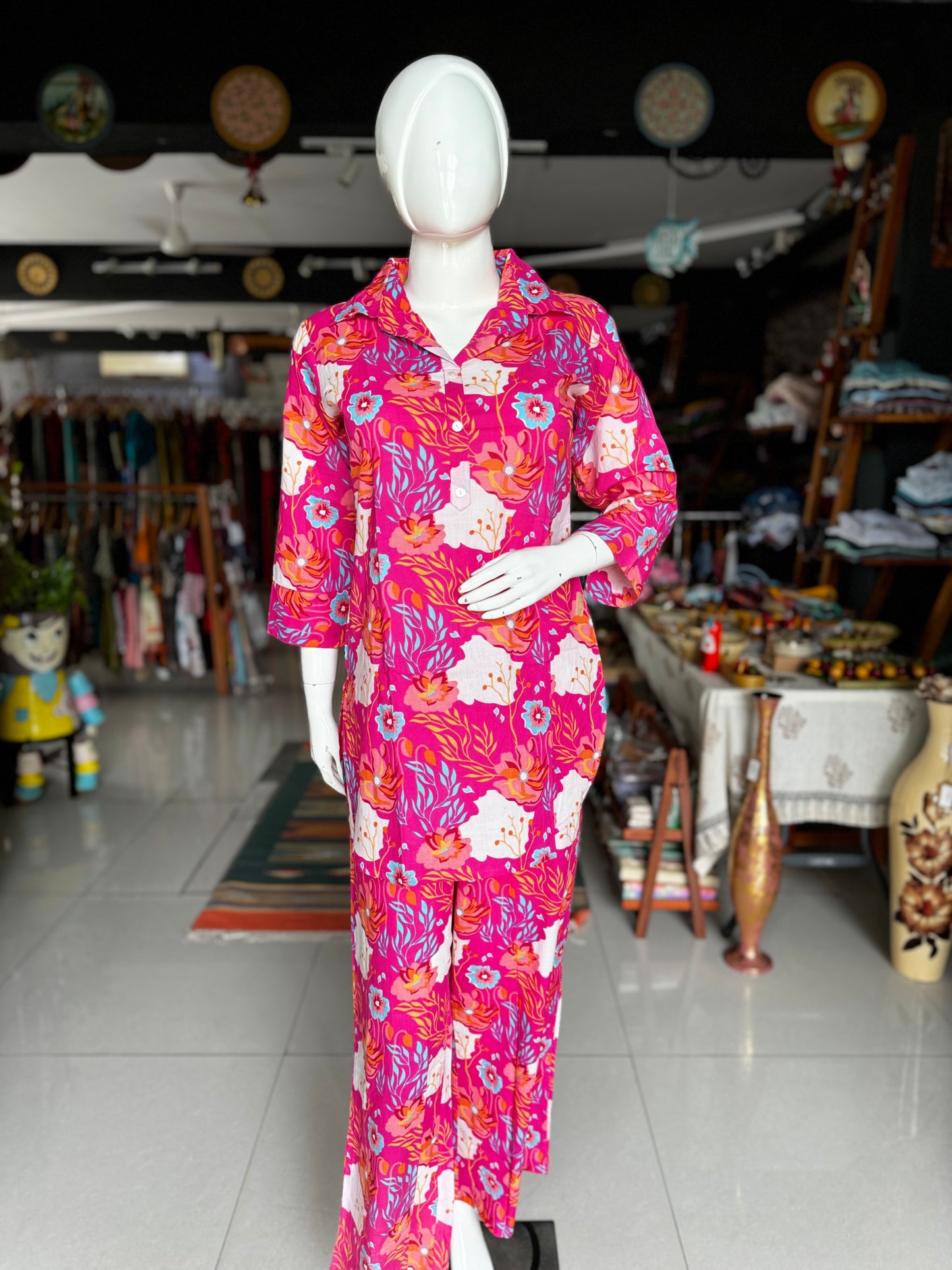 Pink floral print collared cotton top with long sleeves and pants coord set