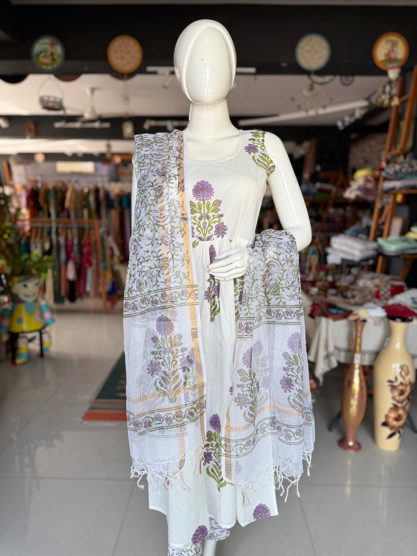 White Mughal hand block printed sleeveless Kurti, pants and kota dupatta - 3 piece set