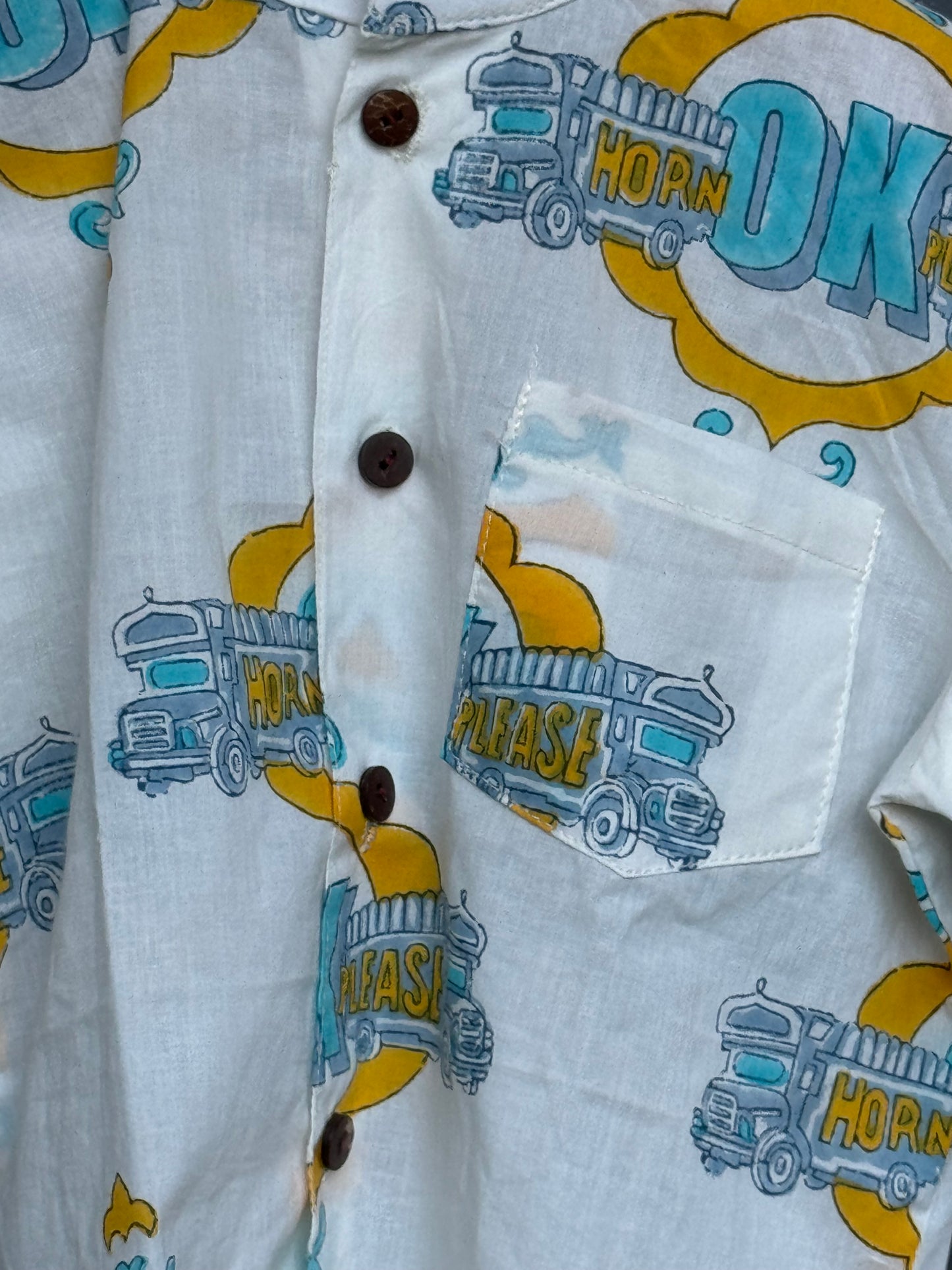 “Horn OK please” quirky hand block print cotton band collared shirt for boys