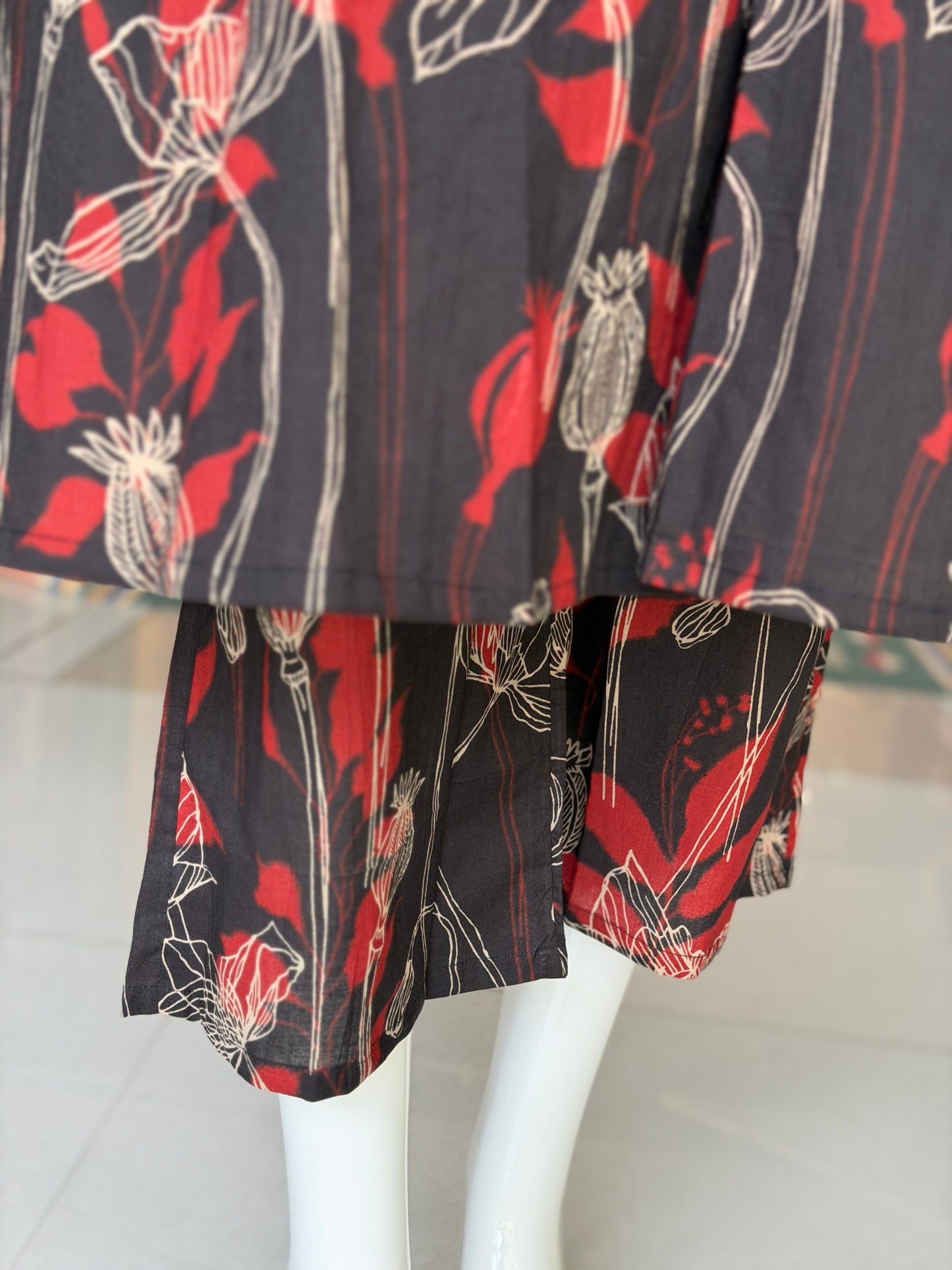 Black and red cotton front pleated kurti, pants - 2 piece set