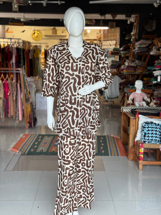Cream and brown printed cotton 2 piece lounge wear / coord set