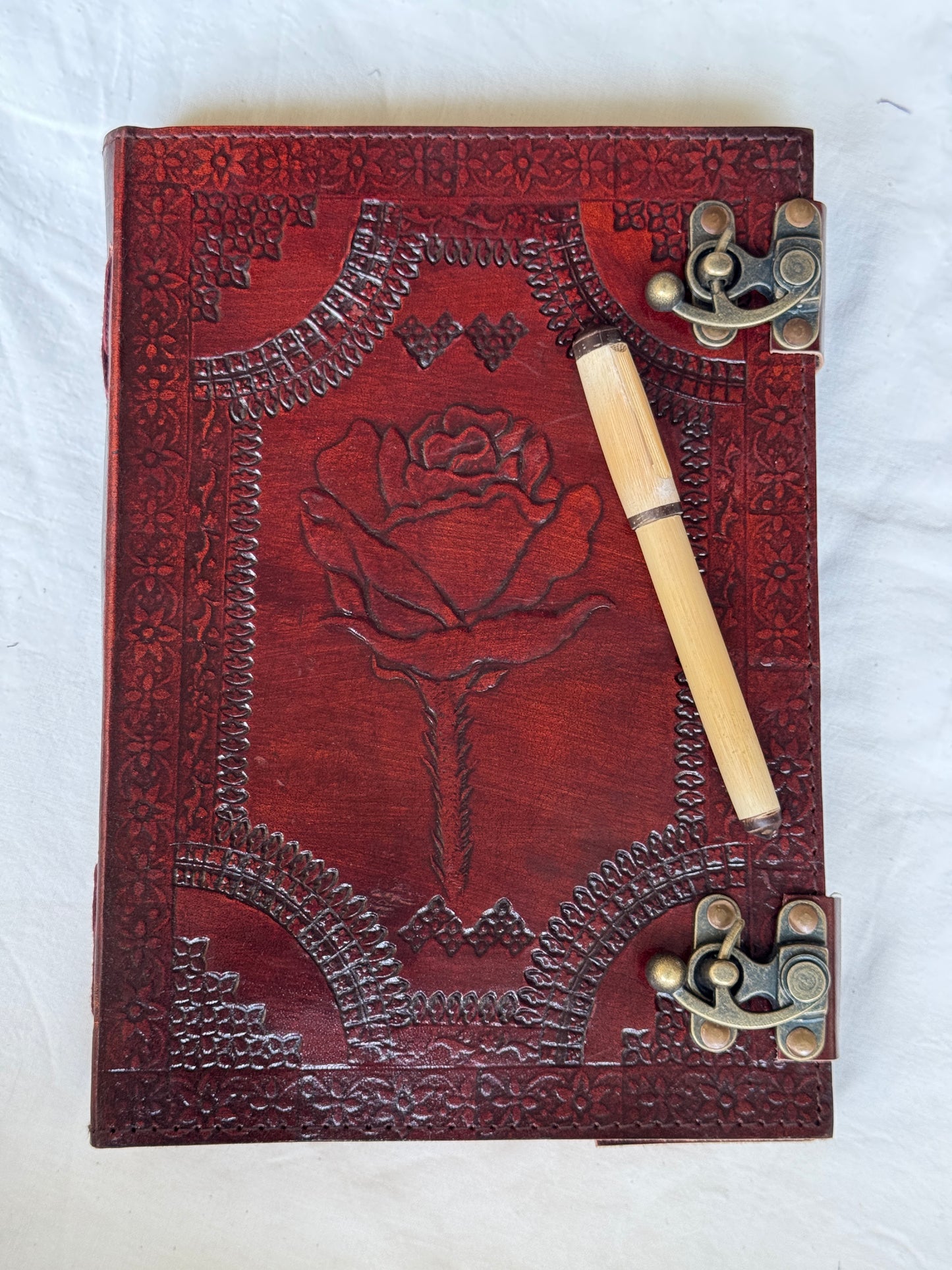 Deckle edged Leather embossed handcrafted notebook with thick handmade papers - 10 x 7 in