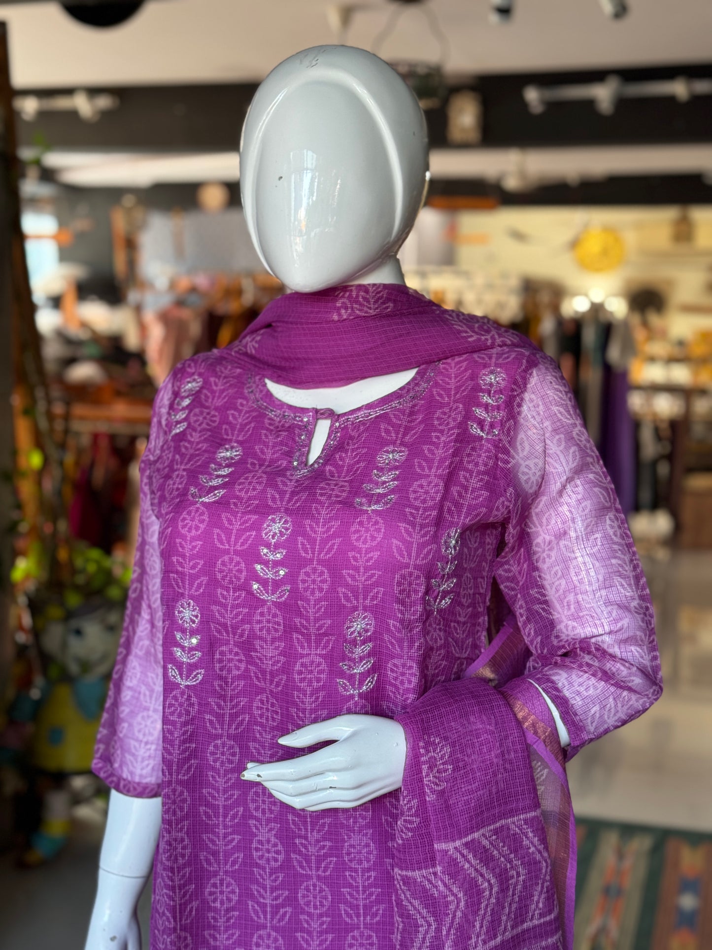 Purple hand block printed kota cotton straight kurti, pants and dupatta set - with hand embroidery