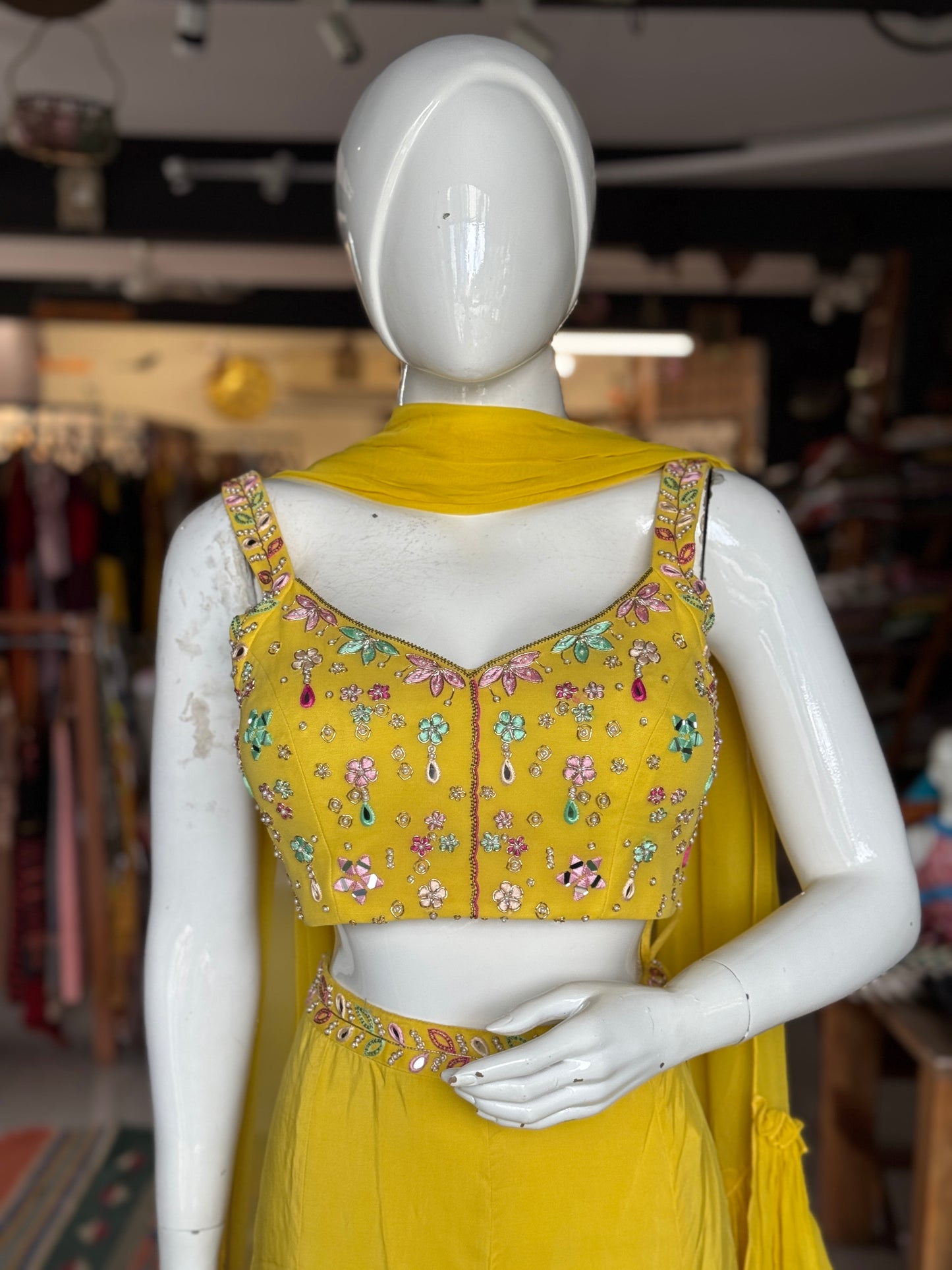 Yellow hand embroidered georgette blouse top, satin plazo and georgette ruffles dupatta - 3 piece set