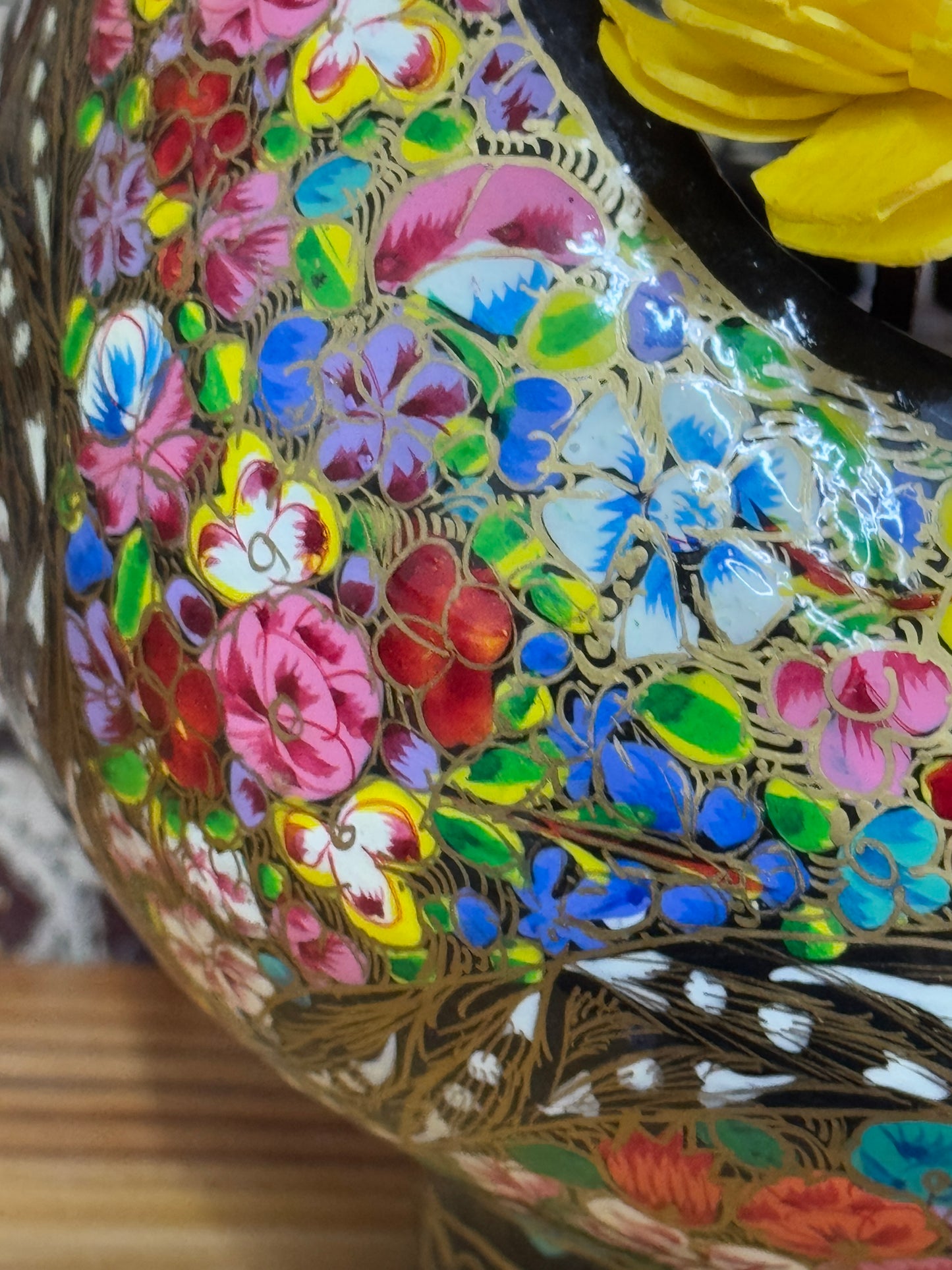 Flower basket in hand painted papier mache art - black