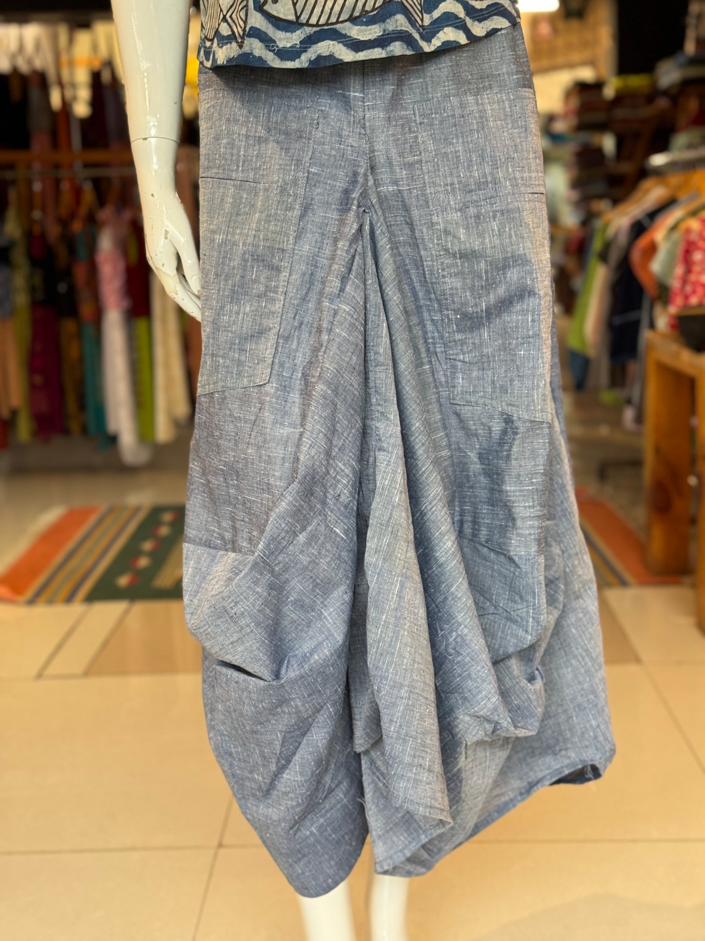 Blue chambray yarn dyed hand woven cotton designer skirt - with pockets