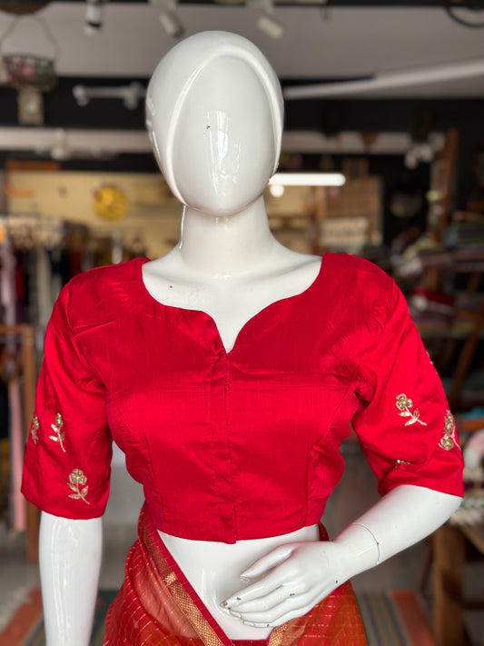 Birds and flowers hand embroidered on back and sleeves red silk blouse