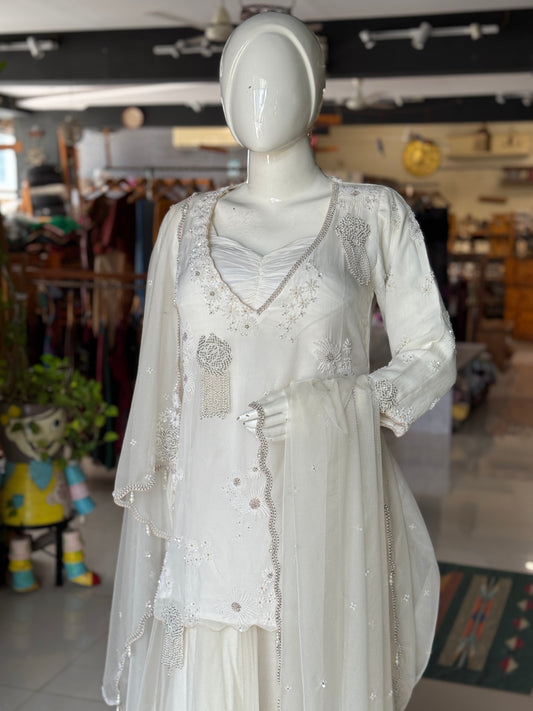 Off white splendor - Soft organza hand embroidered long sleeves kurti, skirt, dupatta and crepe bustier - 4 piece set