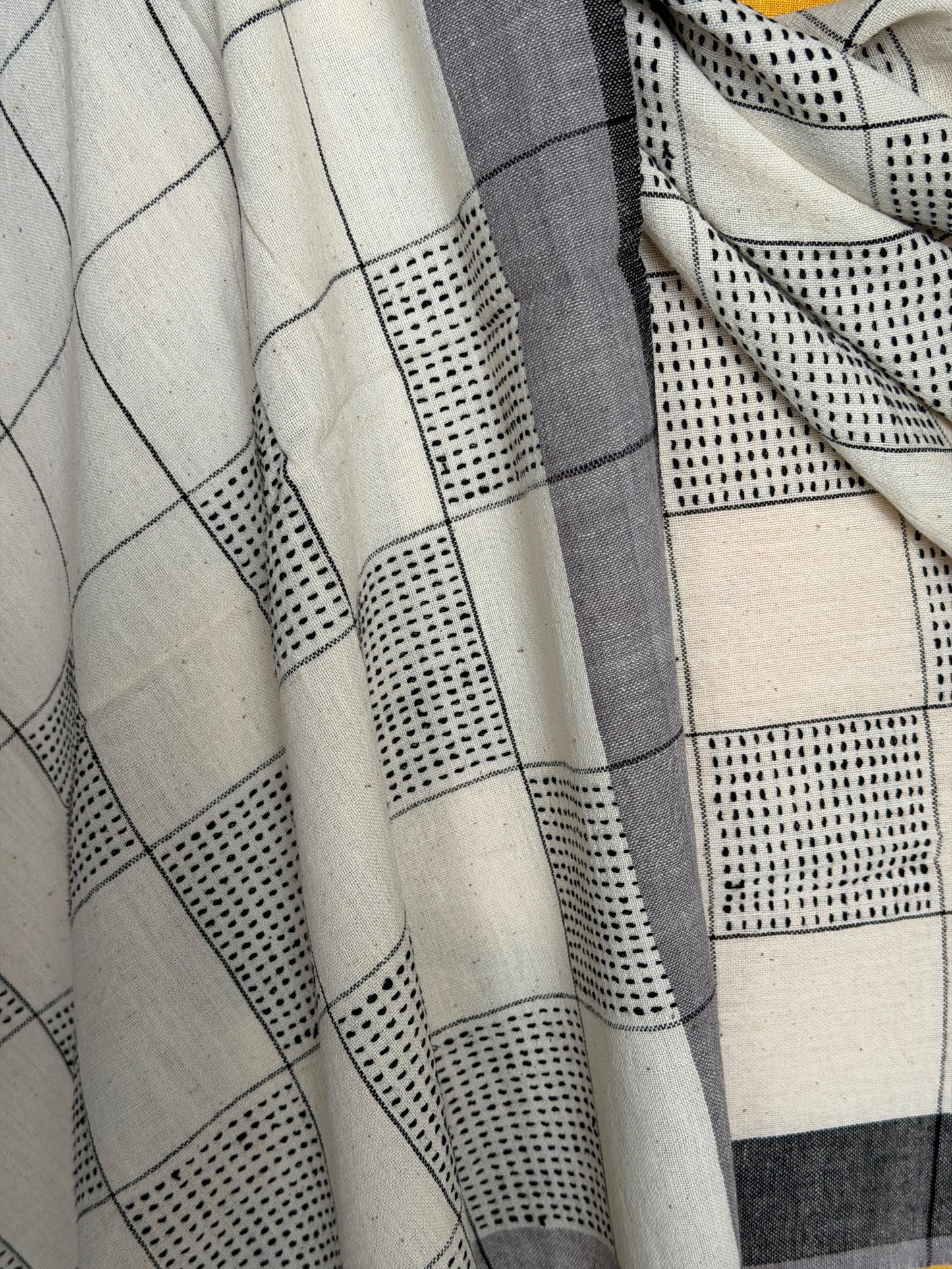 Off white hand spun, handloom cotton dupatta / stole with black thread work rectangles