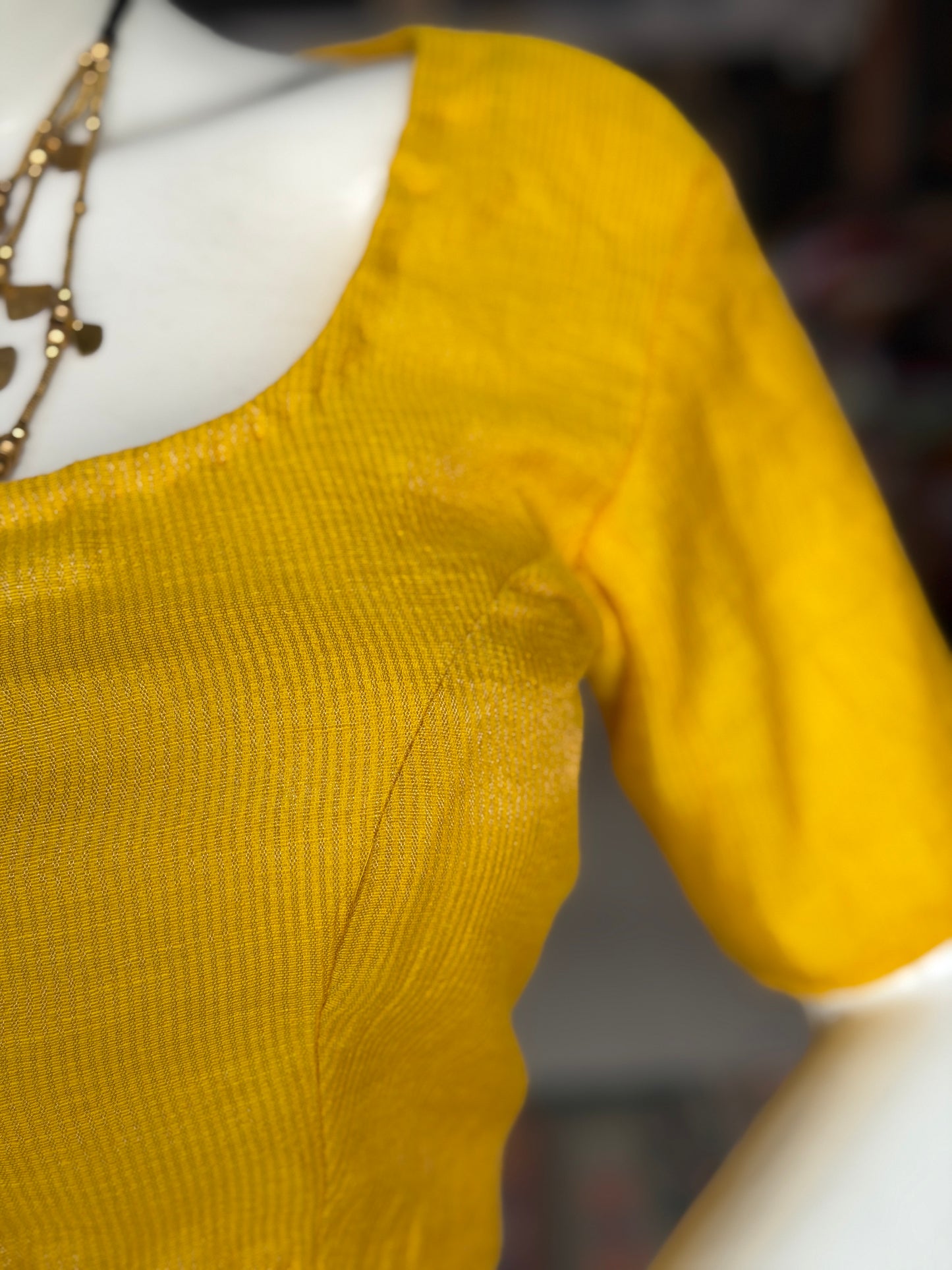Yellow silk tissue linen jamdani short sleeved front open blouse