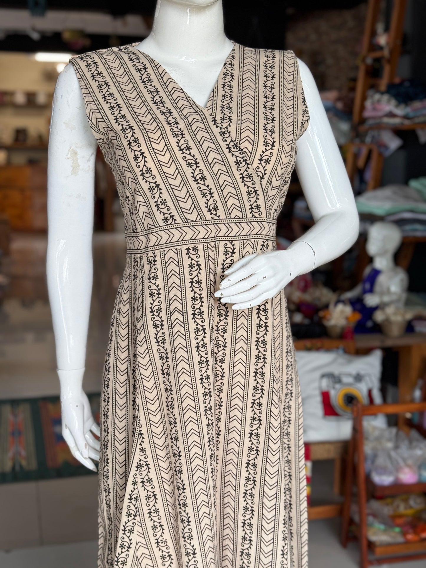 Stripes with chevrons and flowers dress - cotton, hand block printed