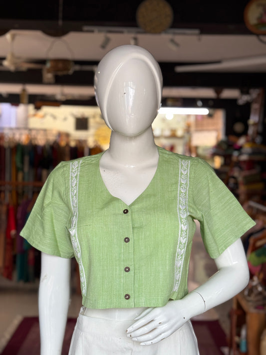 Crop top / blouse -  Chikankari hand embroidered handwoven cotton, 2 parallel lines embroidery