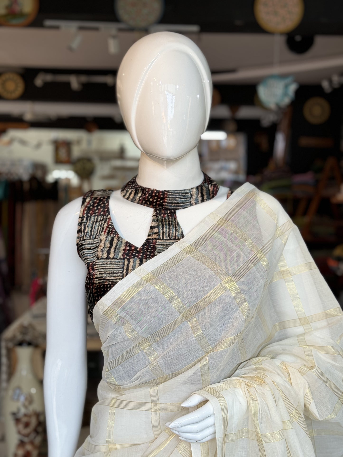 Cream with multiple lines big checks cotton Venkatagiri handloom saree