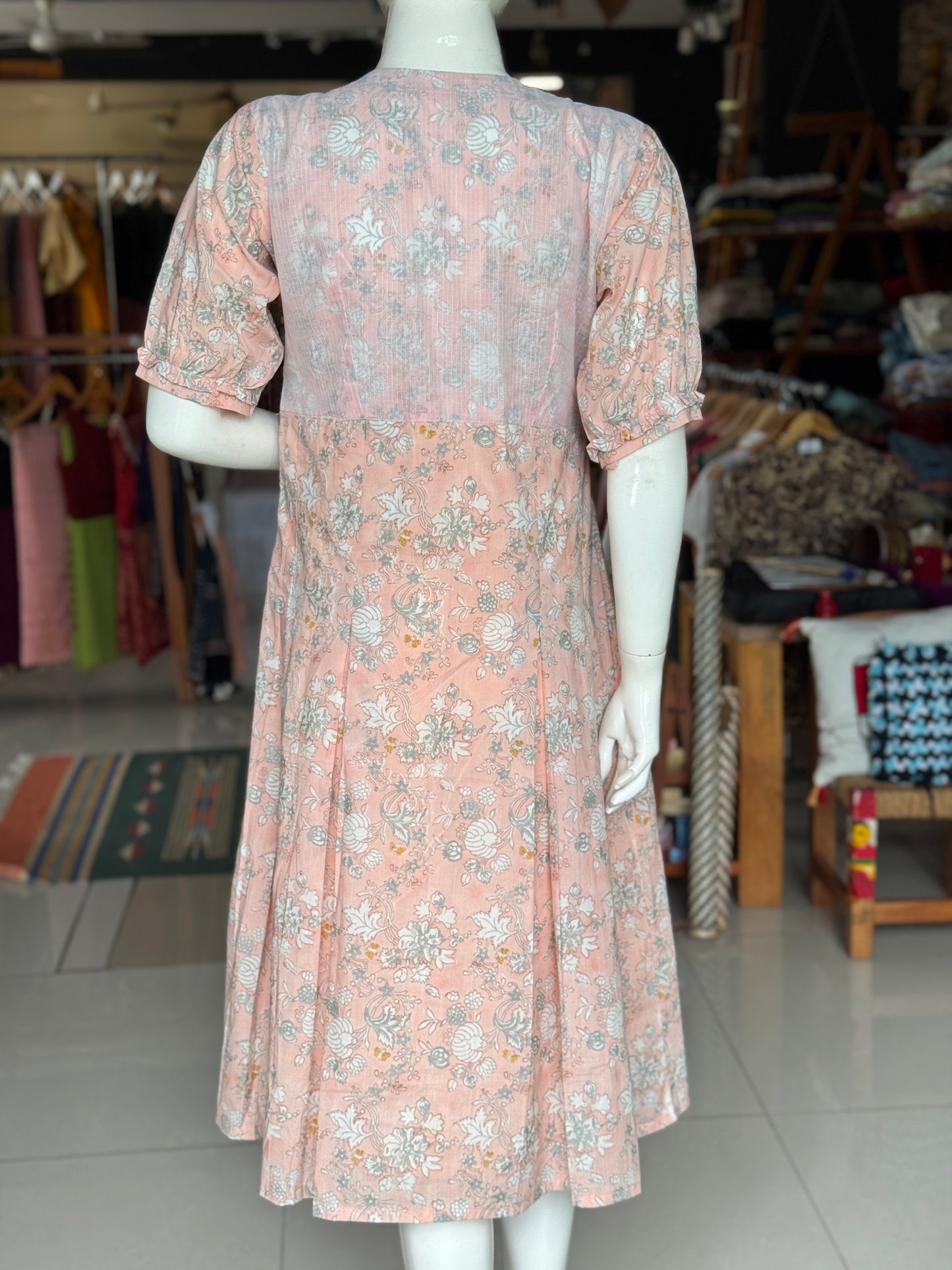 Peach floral hand block printed soft cotton dress with white kota cotton overlay