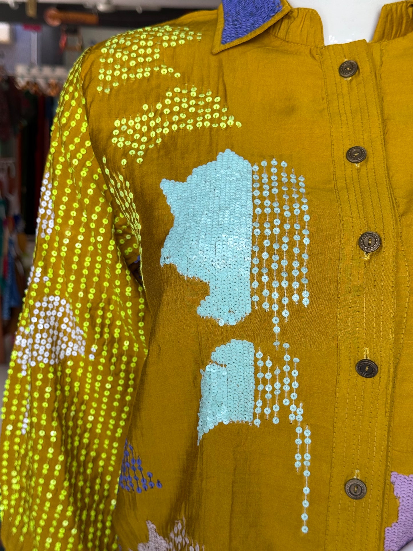 Yellow silk cotton embroidered collared top and pants party wear coord set