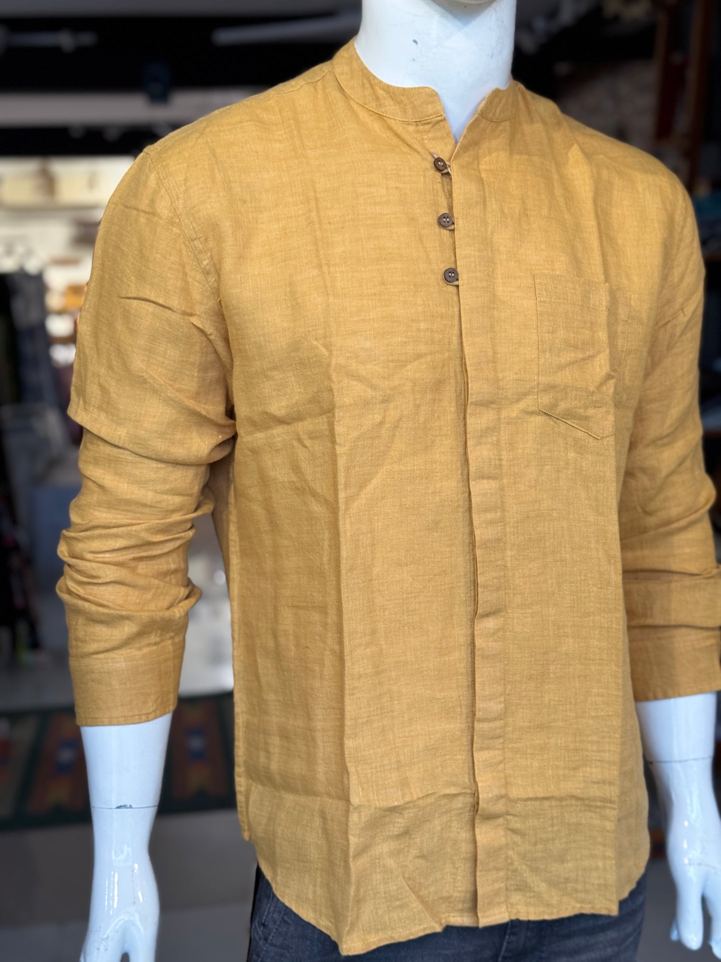 Mustard yellow handwoven linen band collared shirt for men