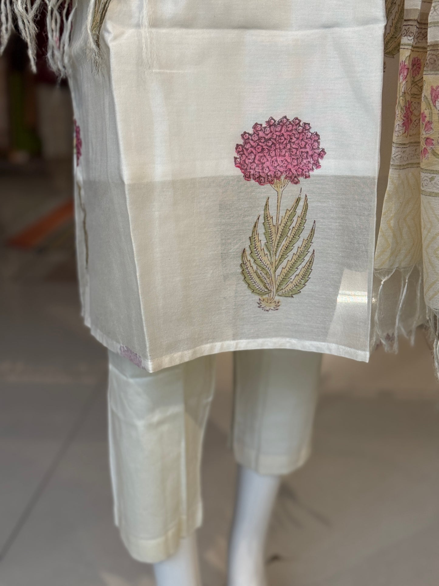 Ivory tone hand block print floral chanderi hand embroidered straight kurti, pants and dupatta - 3 piece suit set