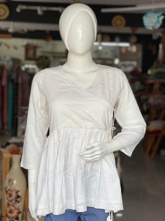Off white self stripes cotton angrakha style tunic with lining
