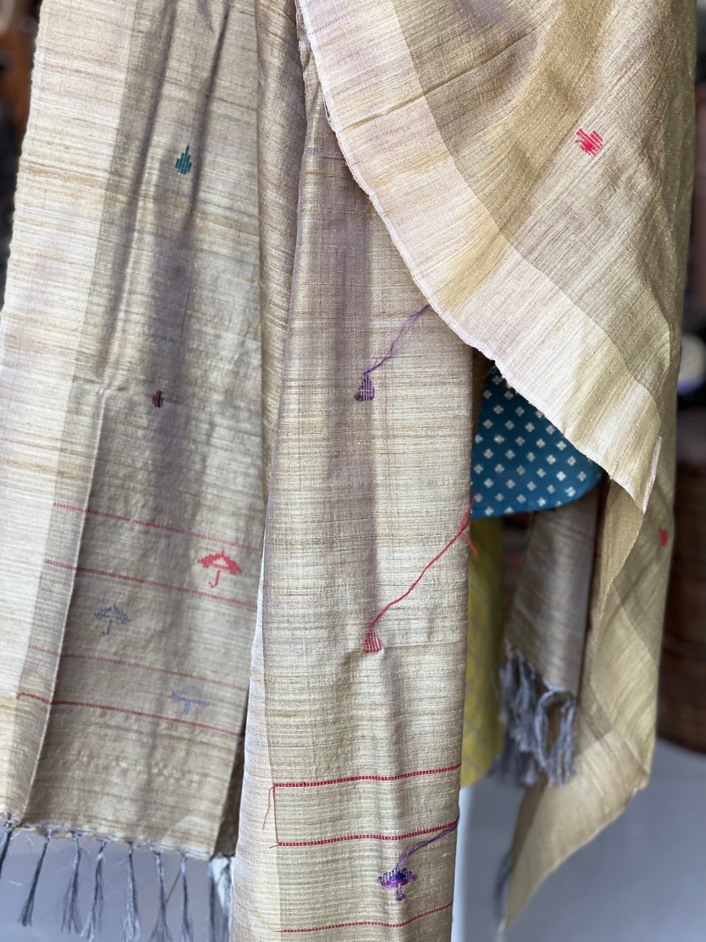 Olive green hand woven tussar x mulberry silk natural dyed dupatta with umbrella motifs