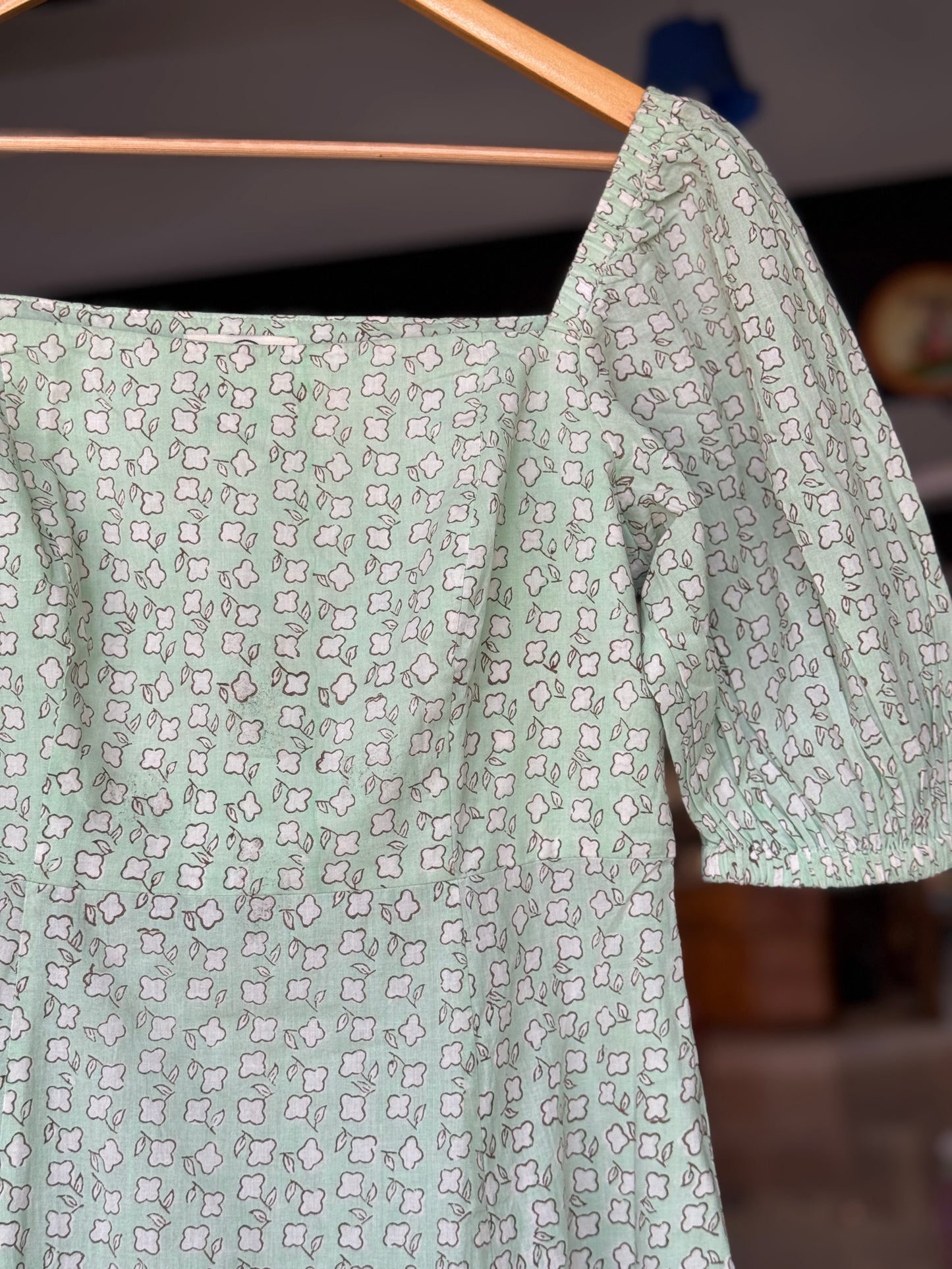 Mint green hand block printed square neck dress with front slit and frill hemline