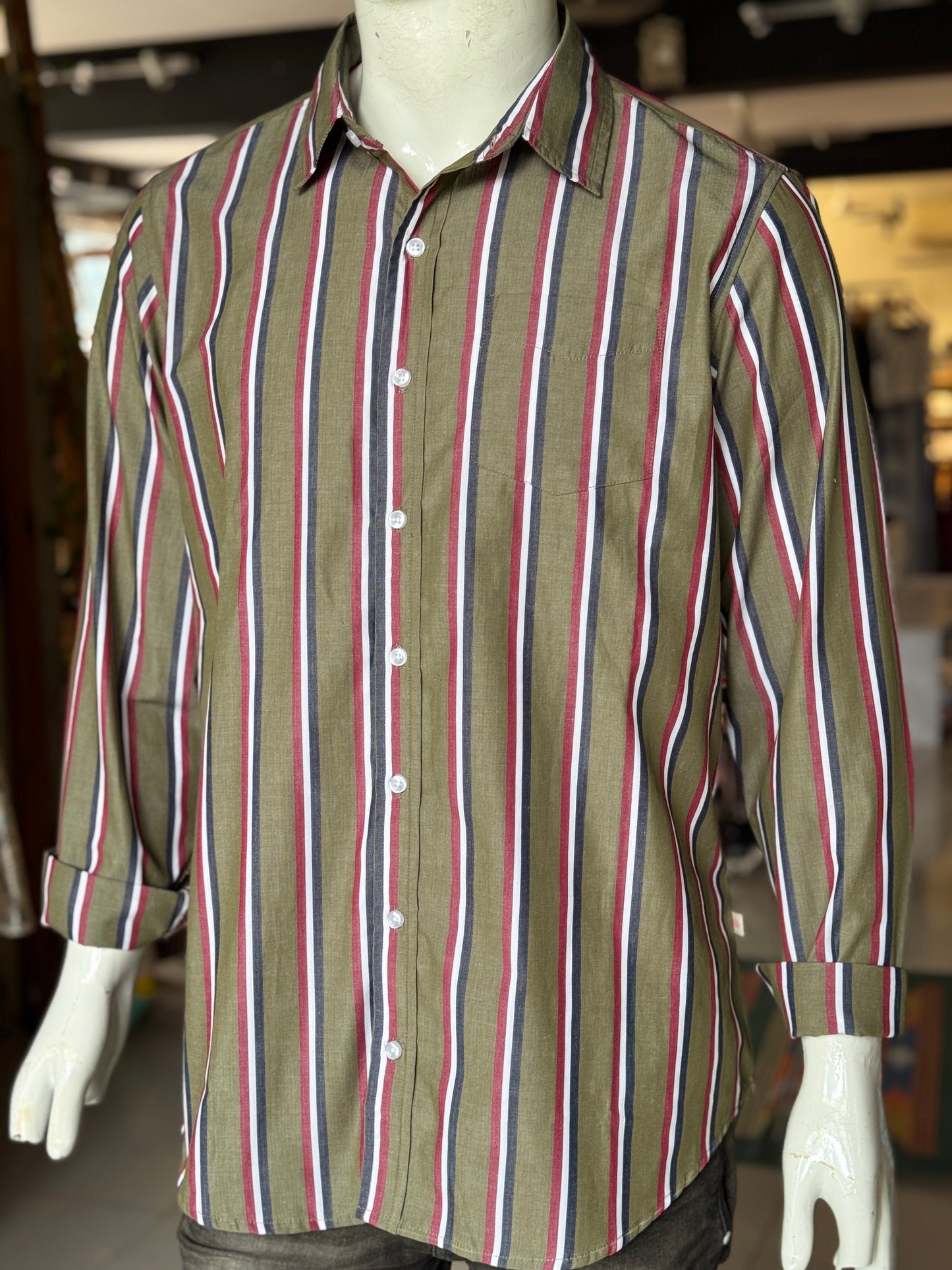 Olive green stripes cotton full sleeves shirt for men
