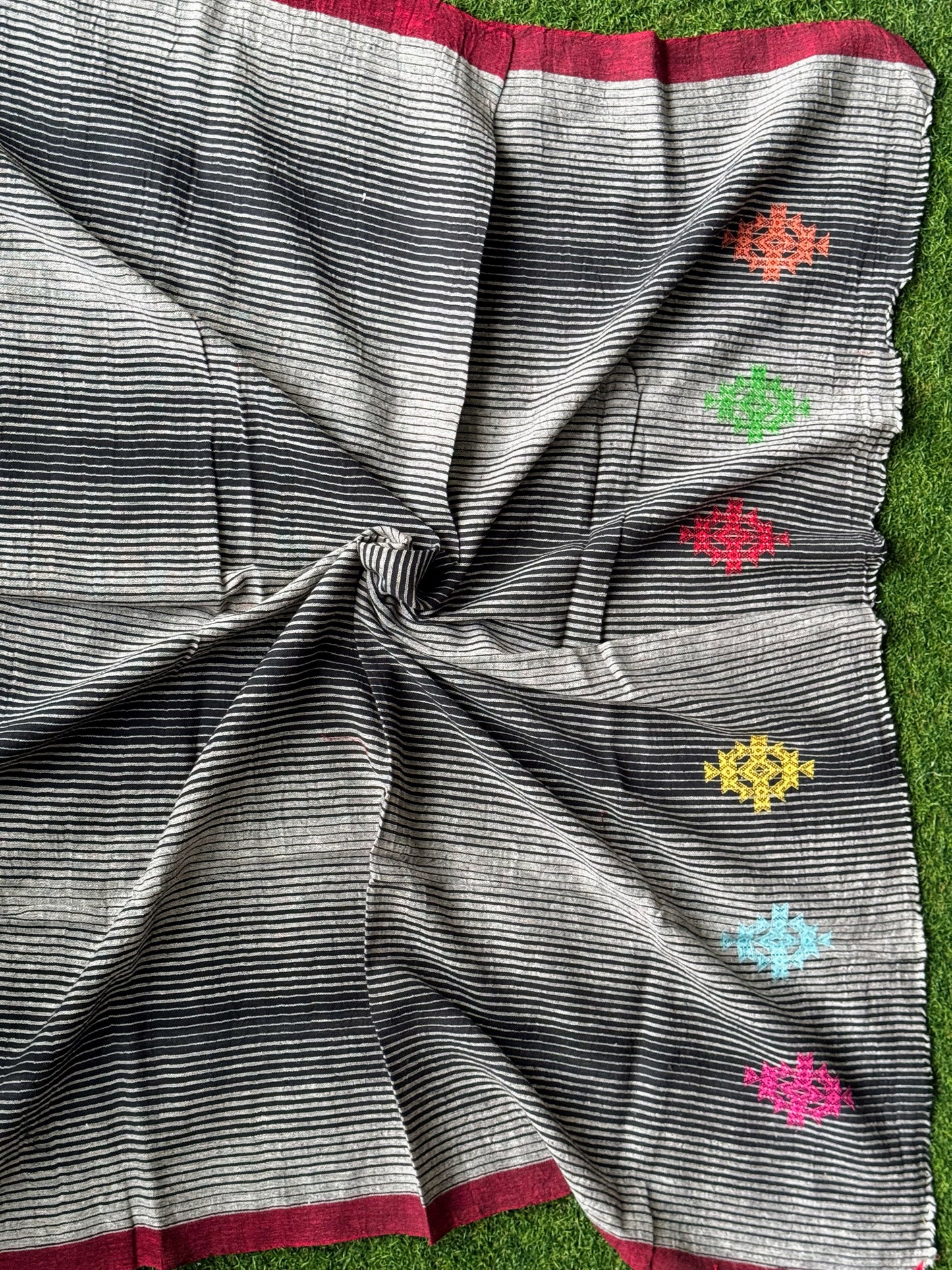 Black stripes Kala cotton handwoven unstitched blouse piece with extra weft butis