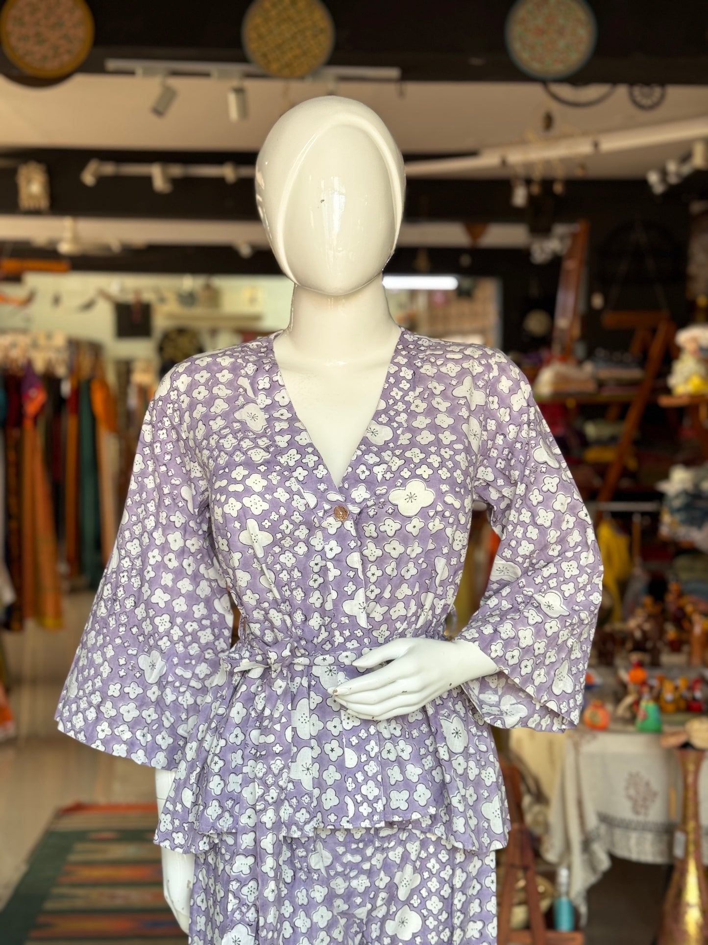 Lavender grey hand block printed cotton coord set with wrap top and pants