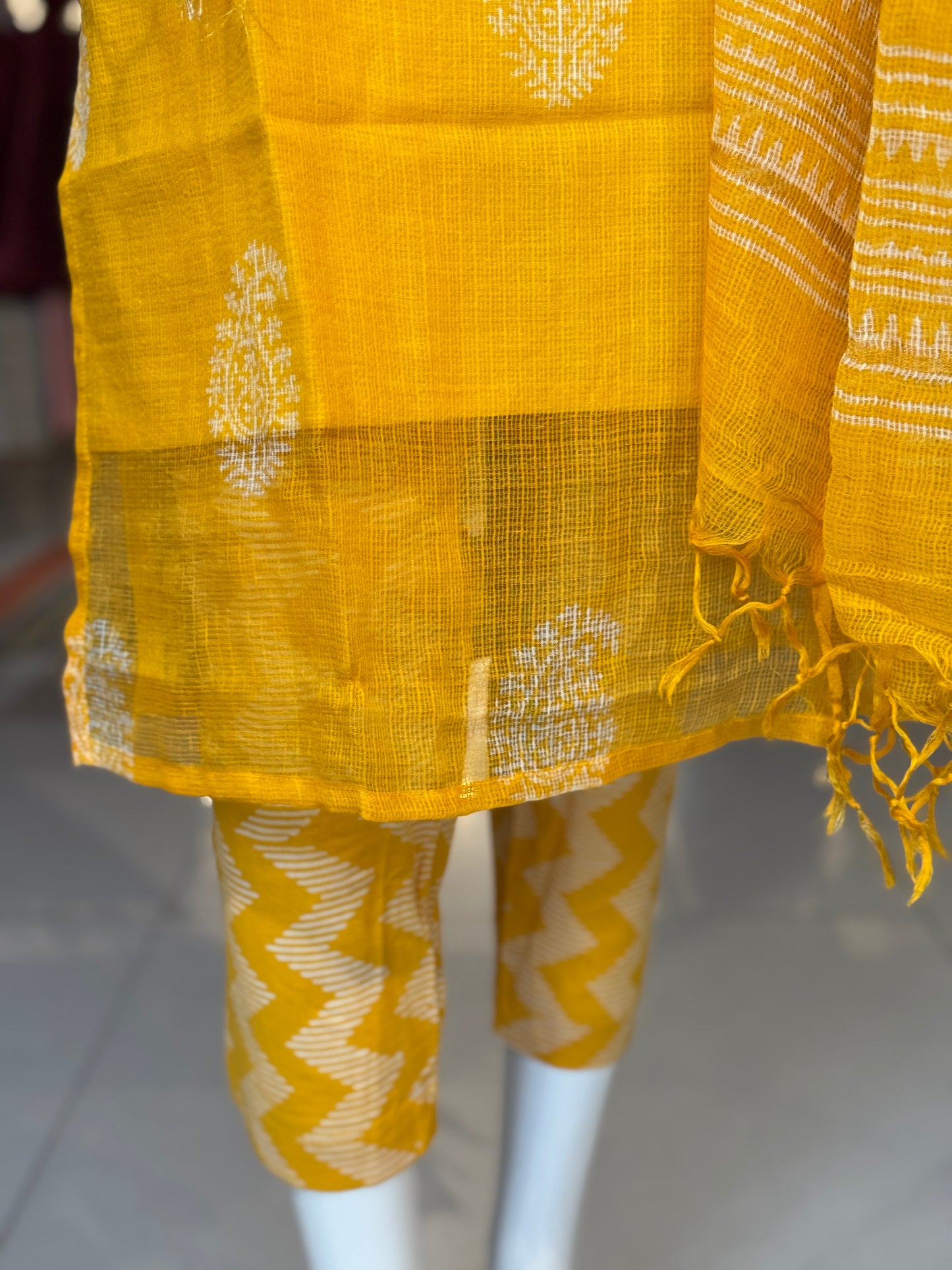 Marigold hand block printed kota cotton straight kurti, pants and dupatta set - with hand embroidery