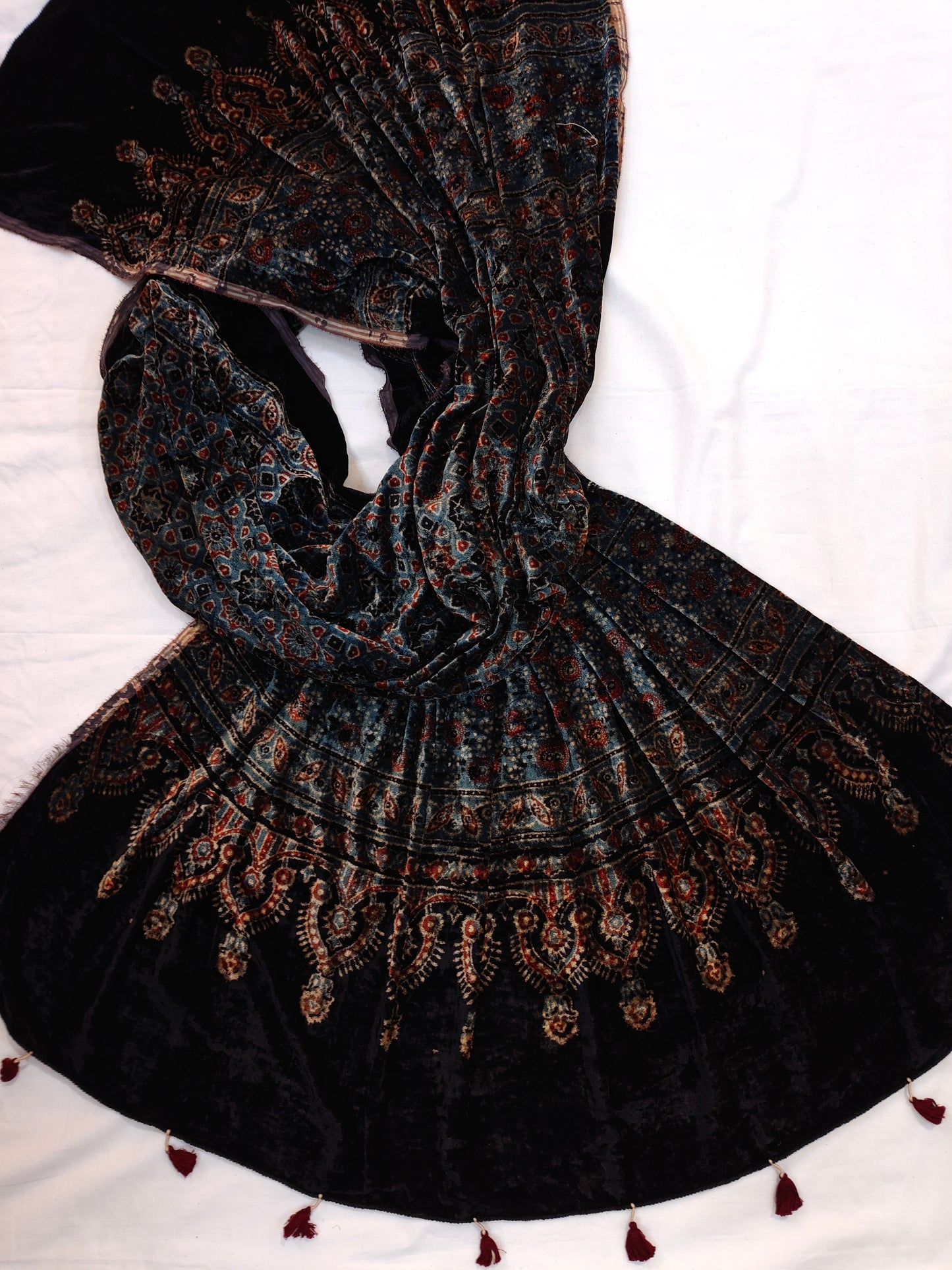 Indigo blue luxurious velvet dupatta with hand block Ajrakh prints