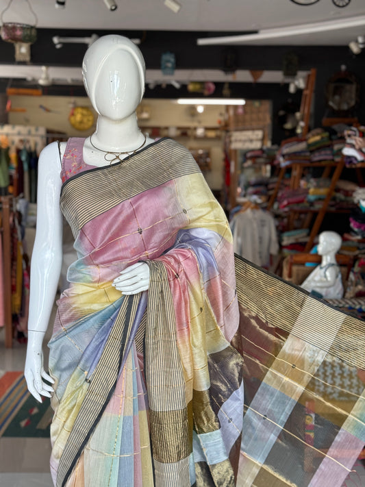 Multi color star buti stripes silk cotton Maheshwari handloom saree