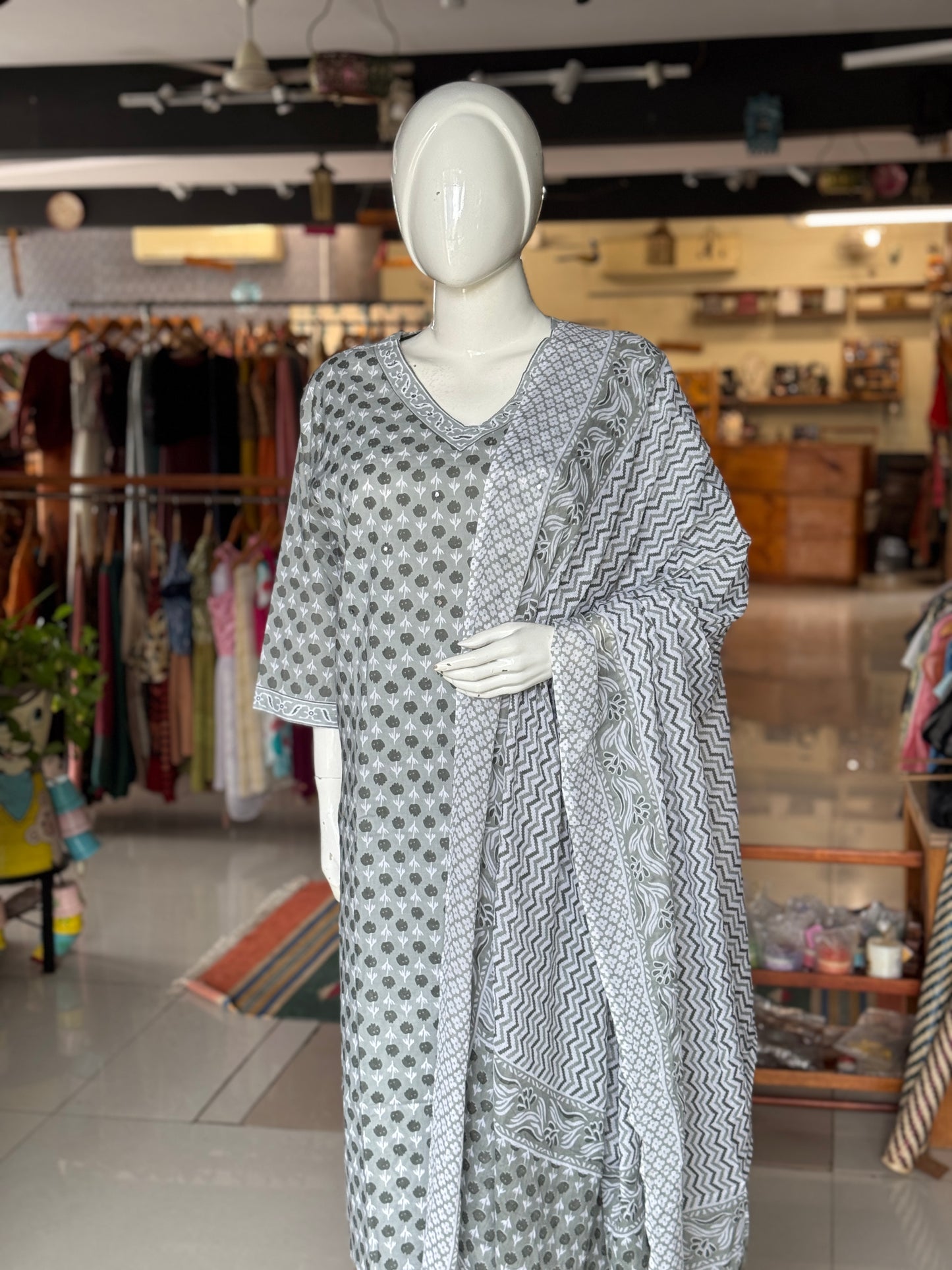 Plus size (4xl and above) cotton embroidered straight kurti, pants and dupatta - 3 piece suit set - multiple colors available