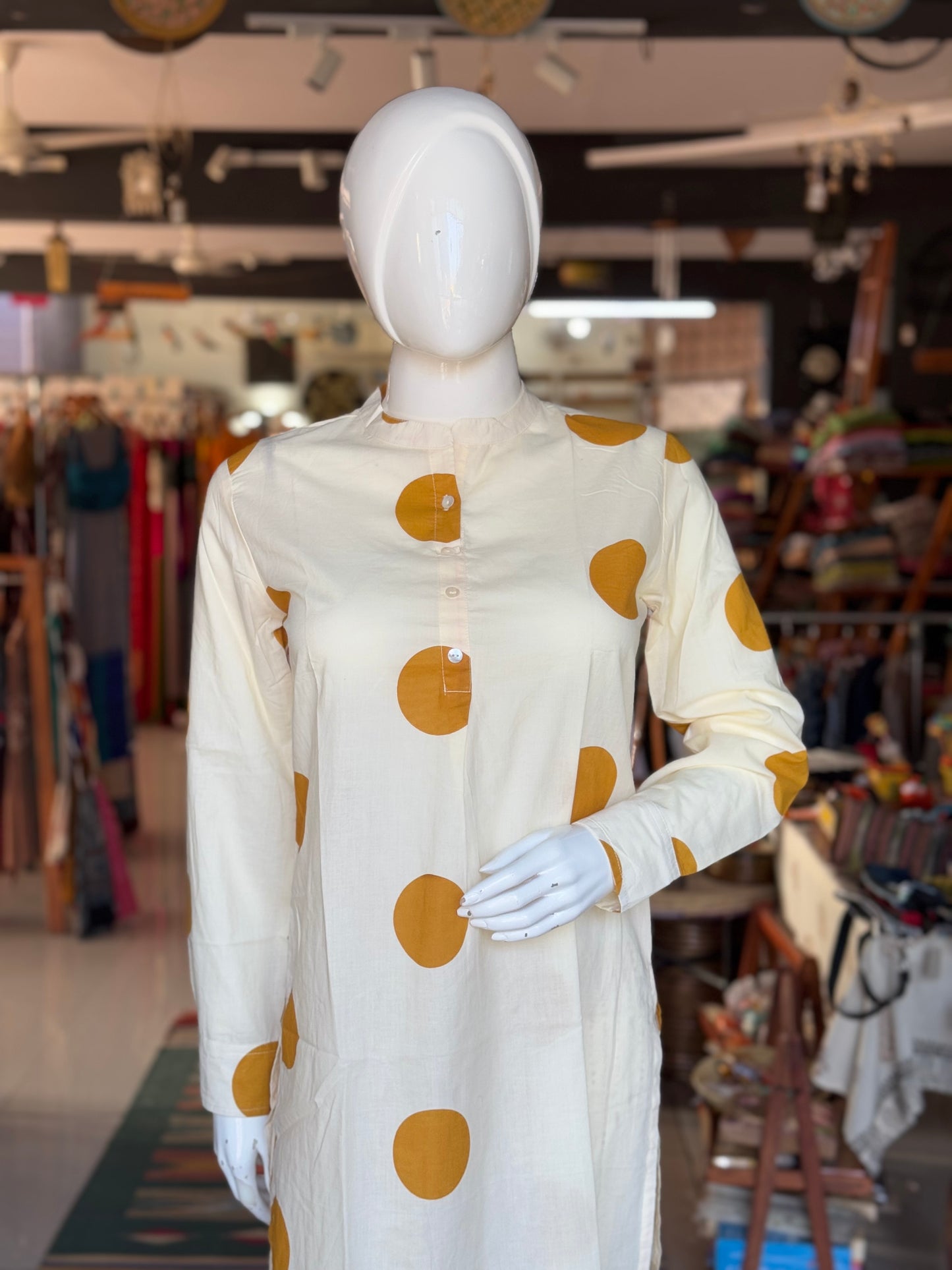 Cream and rust orange cotton full sleeves, front pleated straight kurti, pants - 2 piece set