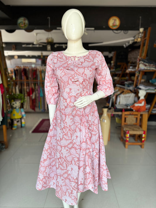 Peach floral handblock printed cotton dress with fancy skirt