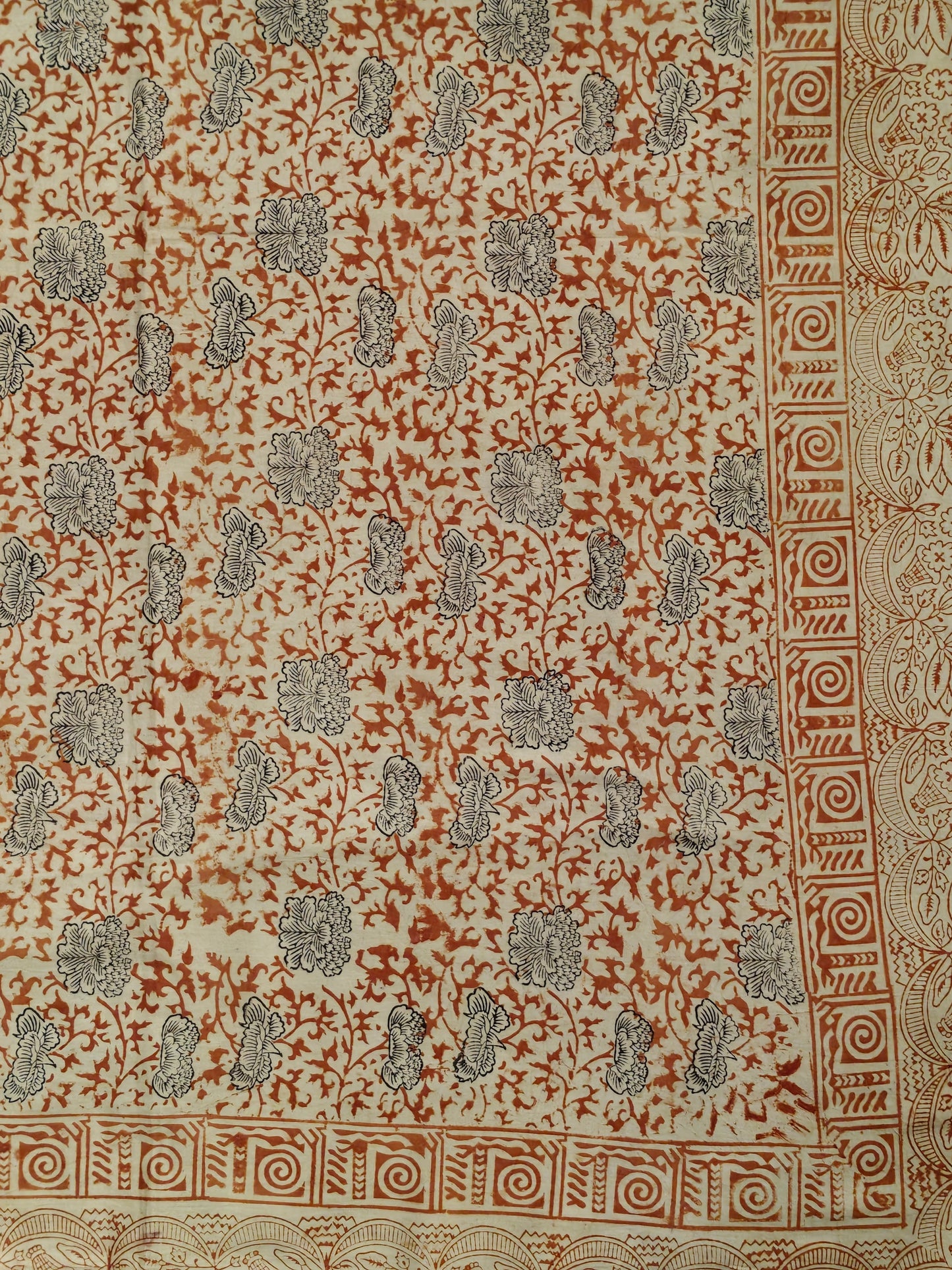 Maroon and black floral design Kalamkari hand block printed smooth satin cotton king size bedsheet + 2 pillow covers