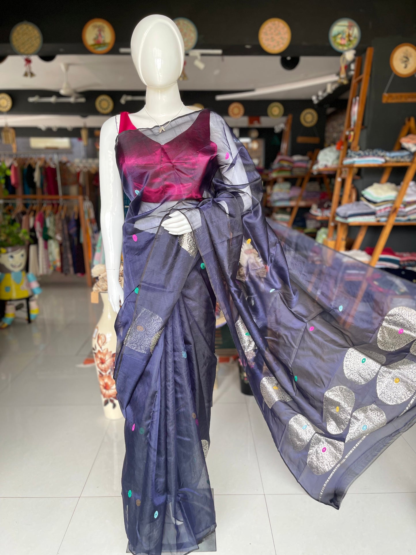 Navy blue Chanderi katan silk handwoven saree with big silver ball butis and colourful round butis