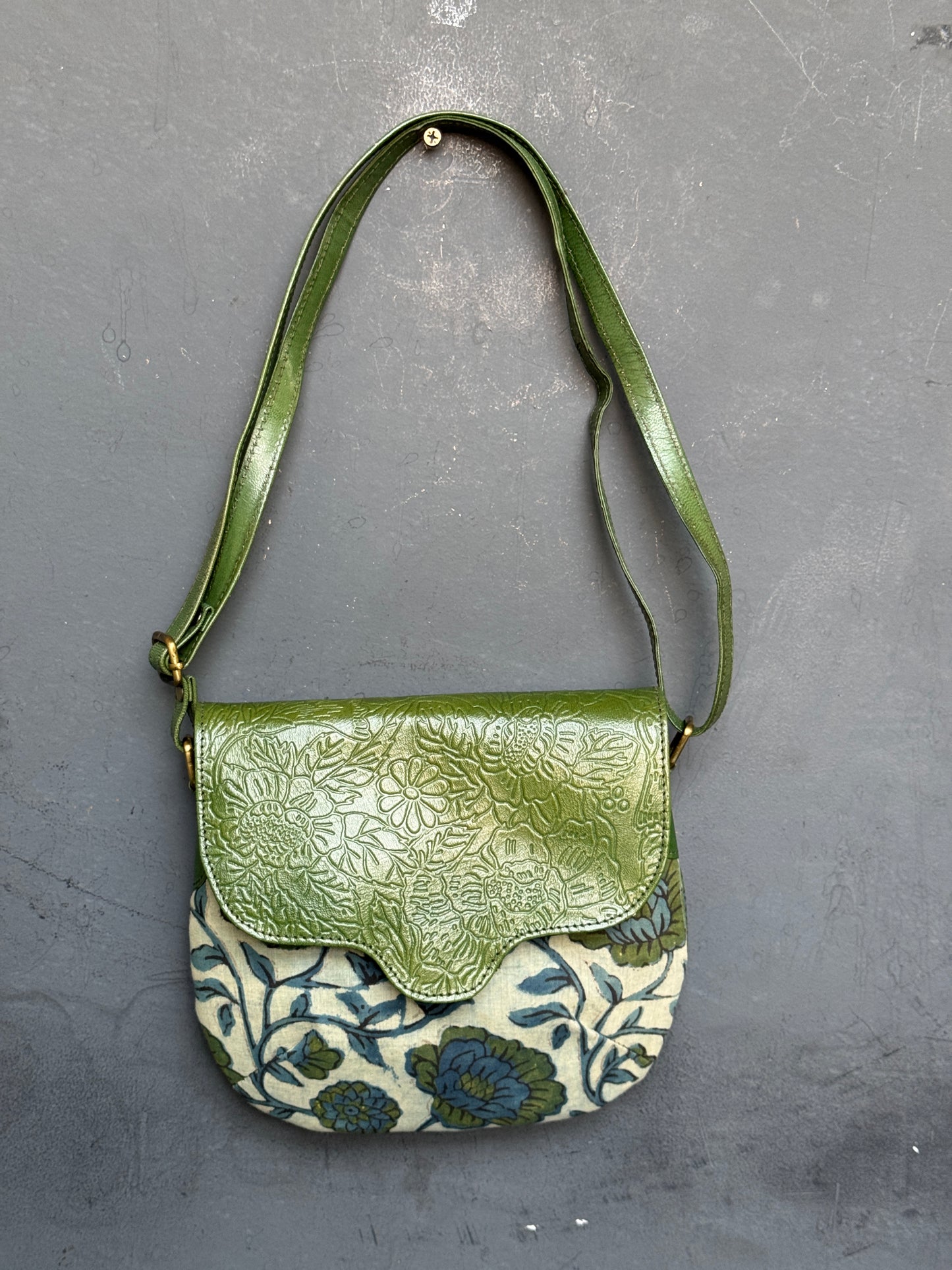 Hand crafted adjustable length sling bag - block printed fabric and embossed leather - multiple designs