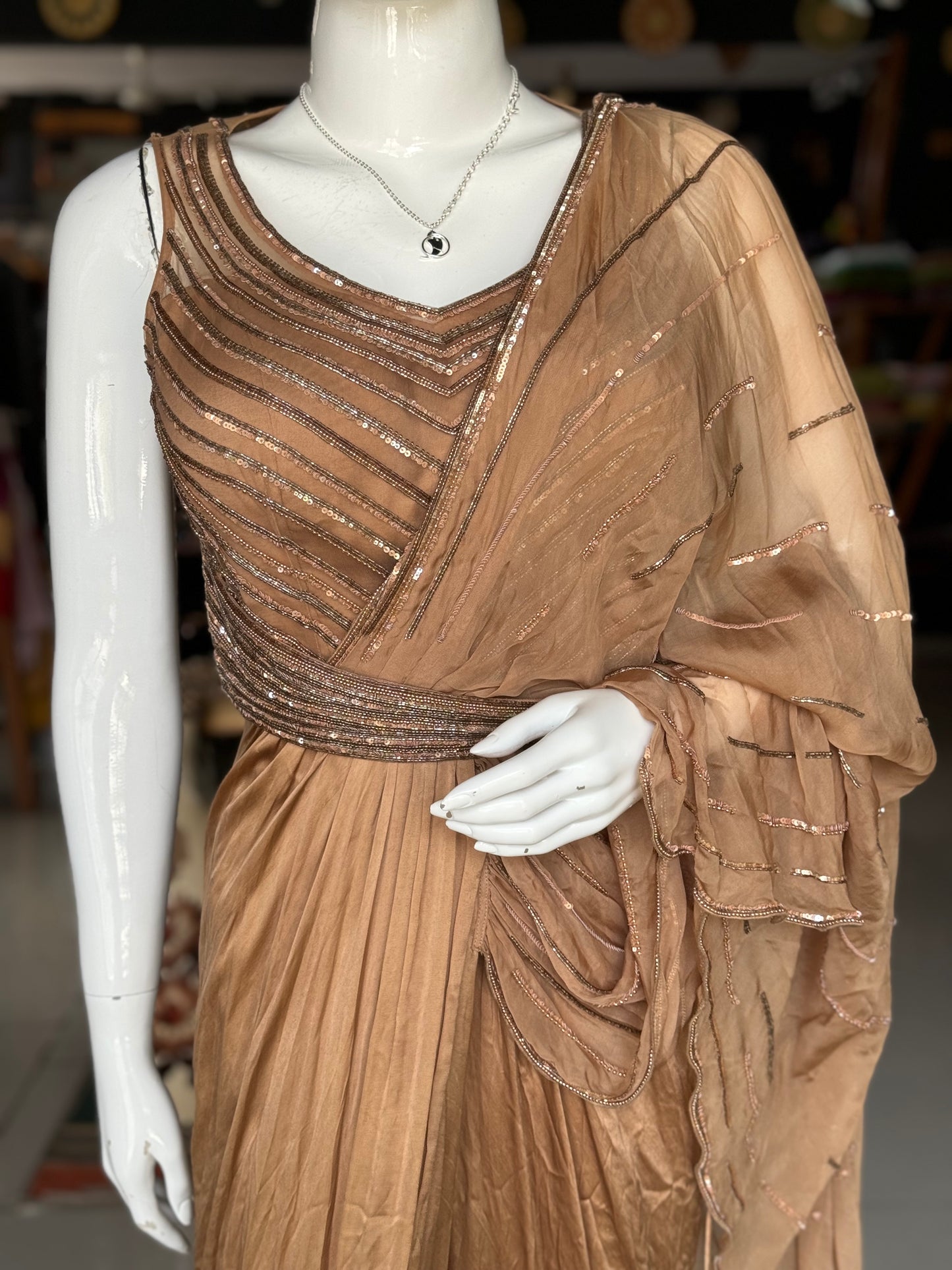 Light brown hand embroidered draped saree dress