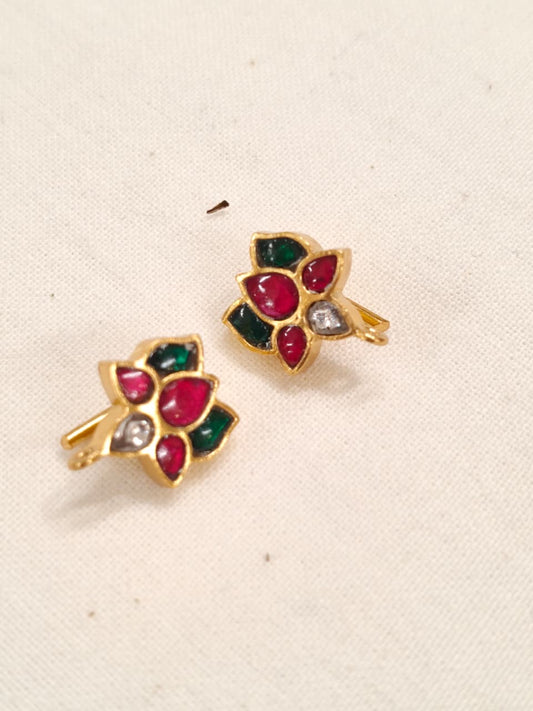 Small Lotus silver ear hooks in Pink and green stones