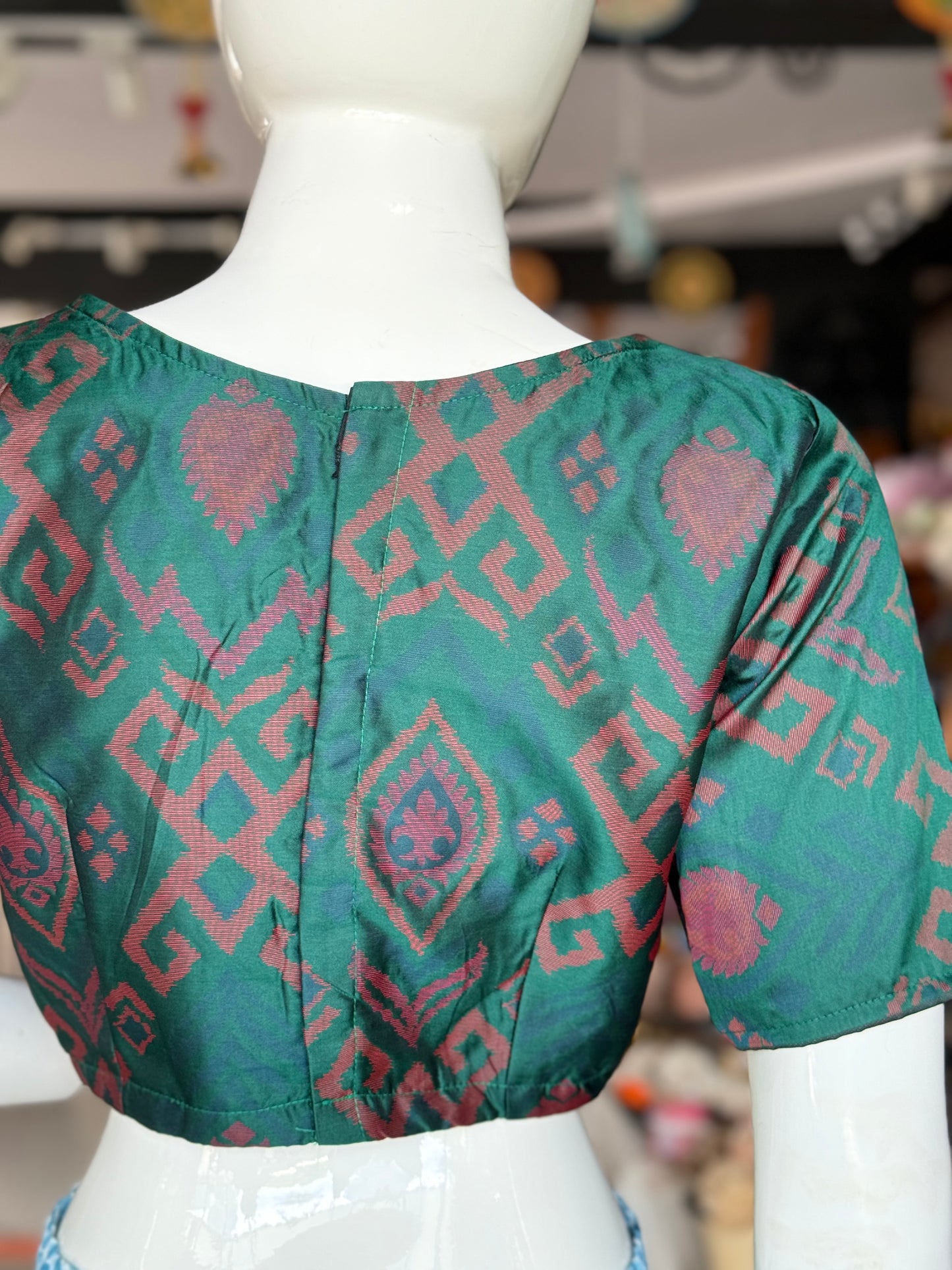 Dark green princess cut back open blouse with lining