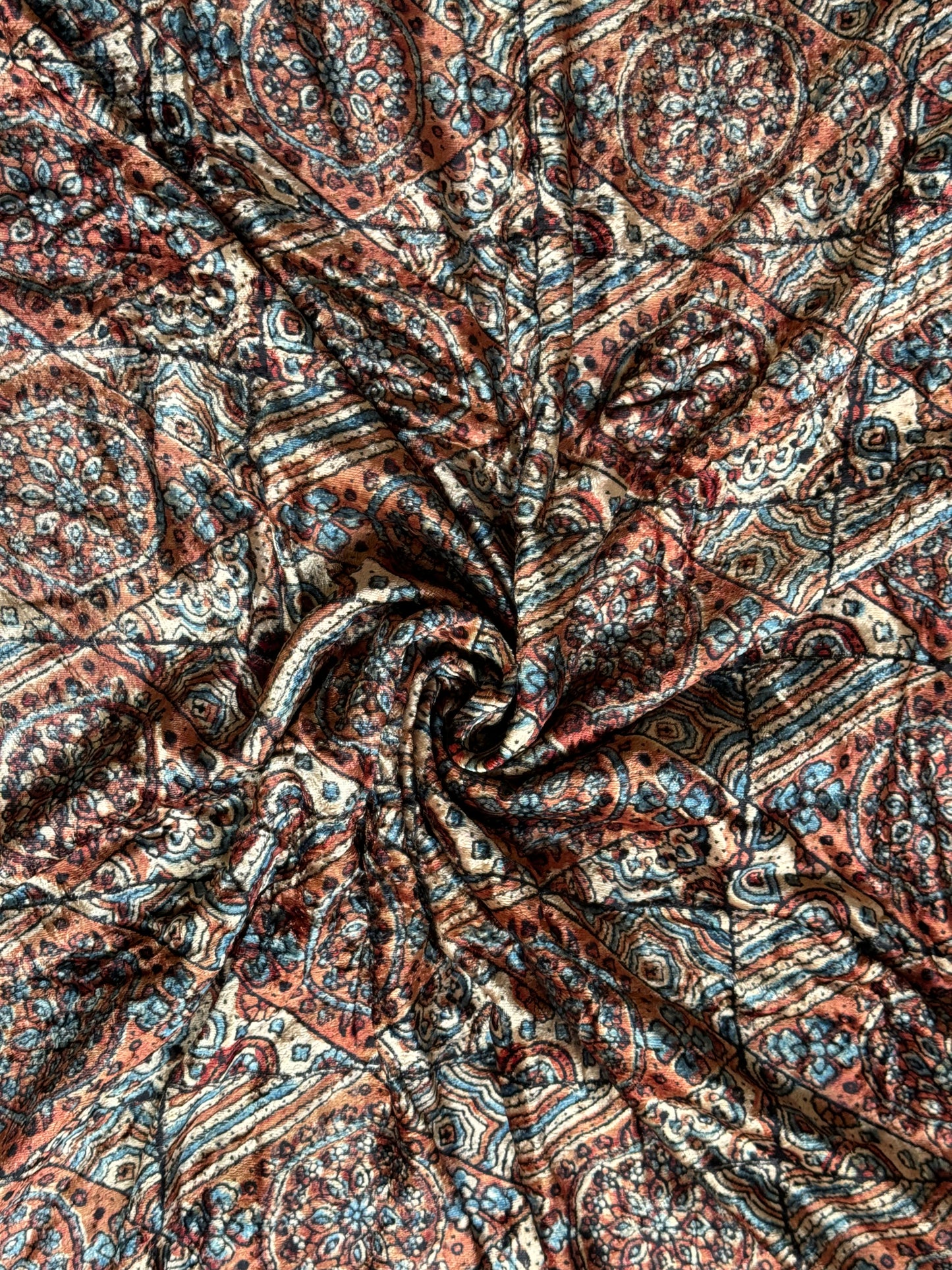 Rust orange diamonds design ajrakh hand block prints on velvet fabric