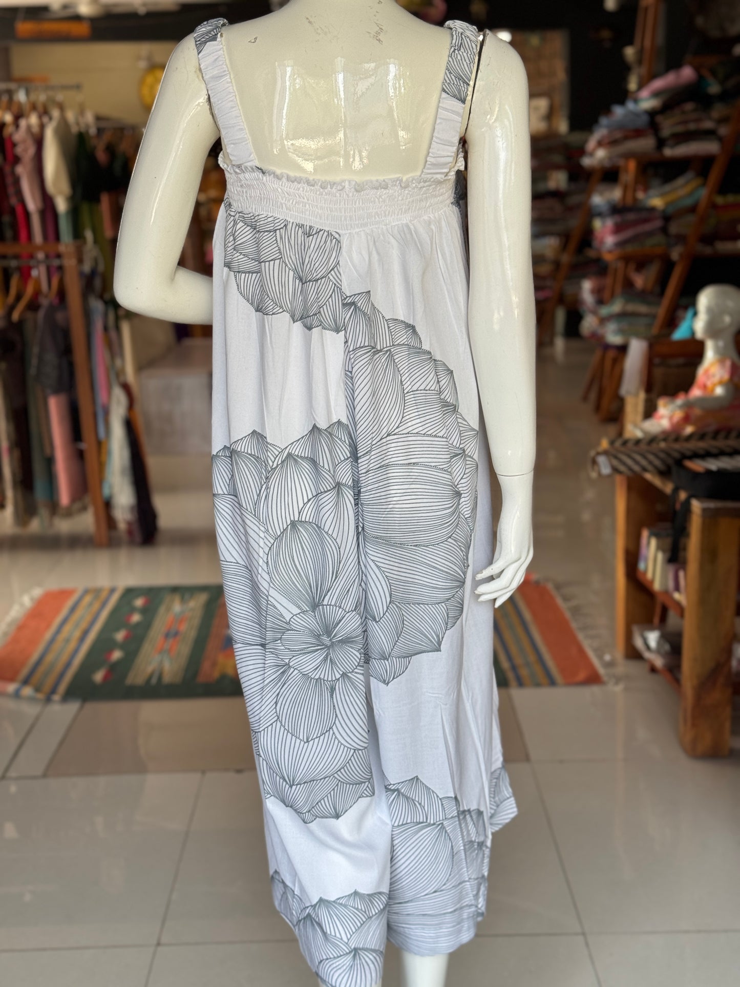 White dhalia flower hand printed free sized jumpsuit