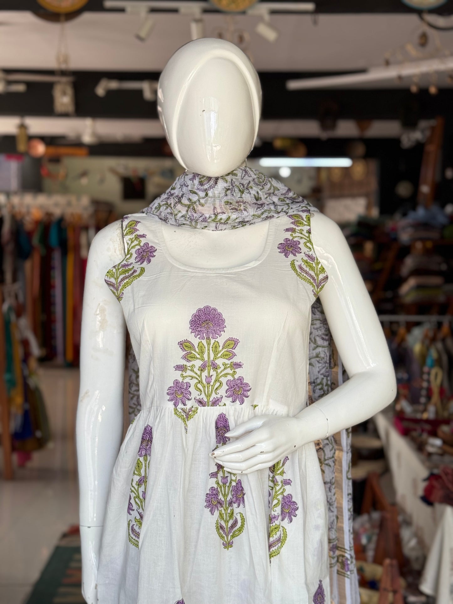 White Mughal hand block printed sleeveless Kurti, pants and kota dupatta - 3 piece set
