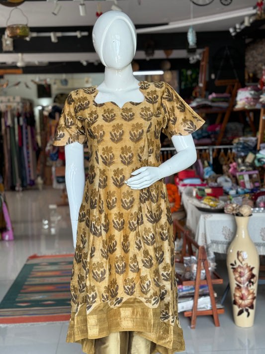 Olive green Vanaspati handblock printed Chanderi dress Kurti