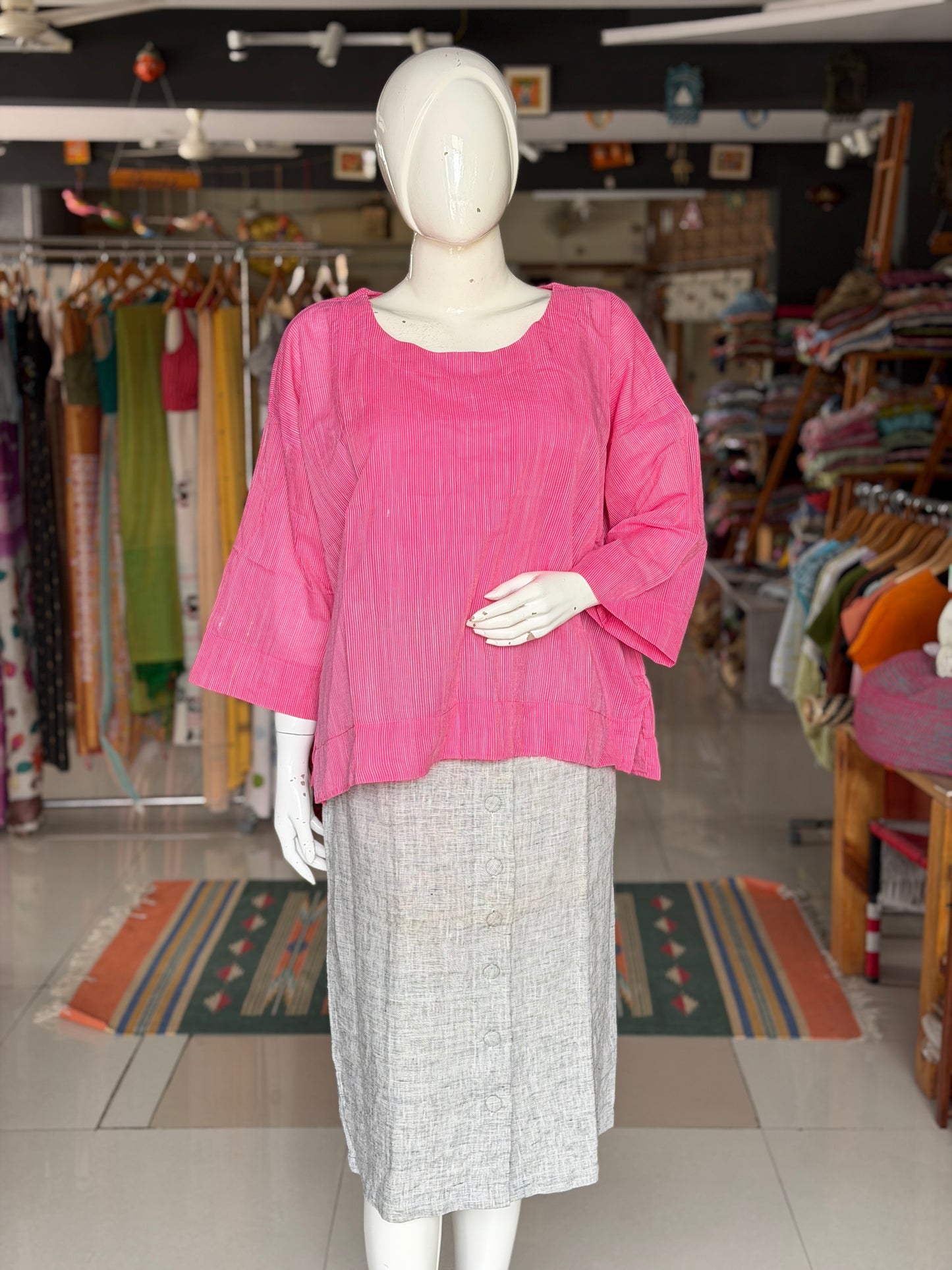 Pink n white fine stripes handwoven boxy cotton top - relaxed fit