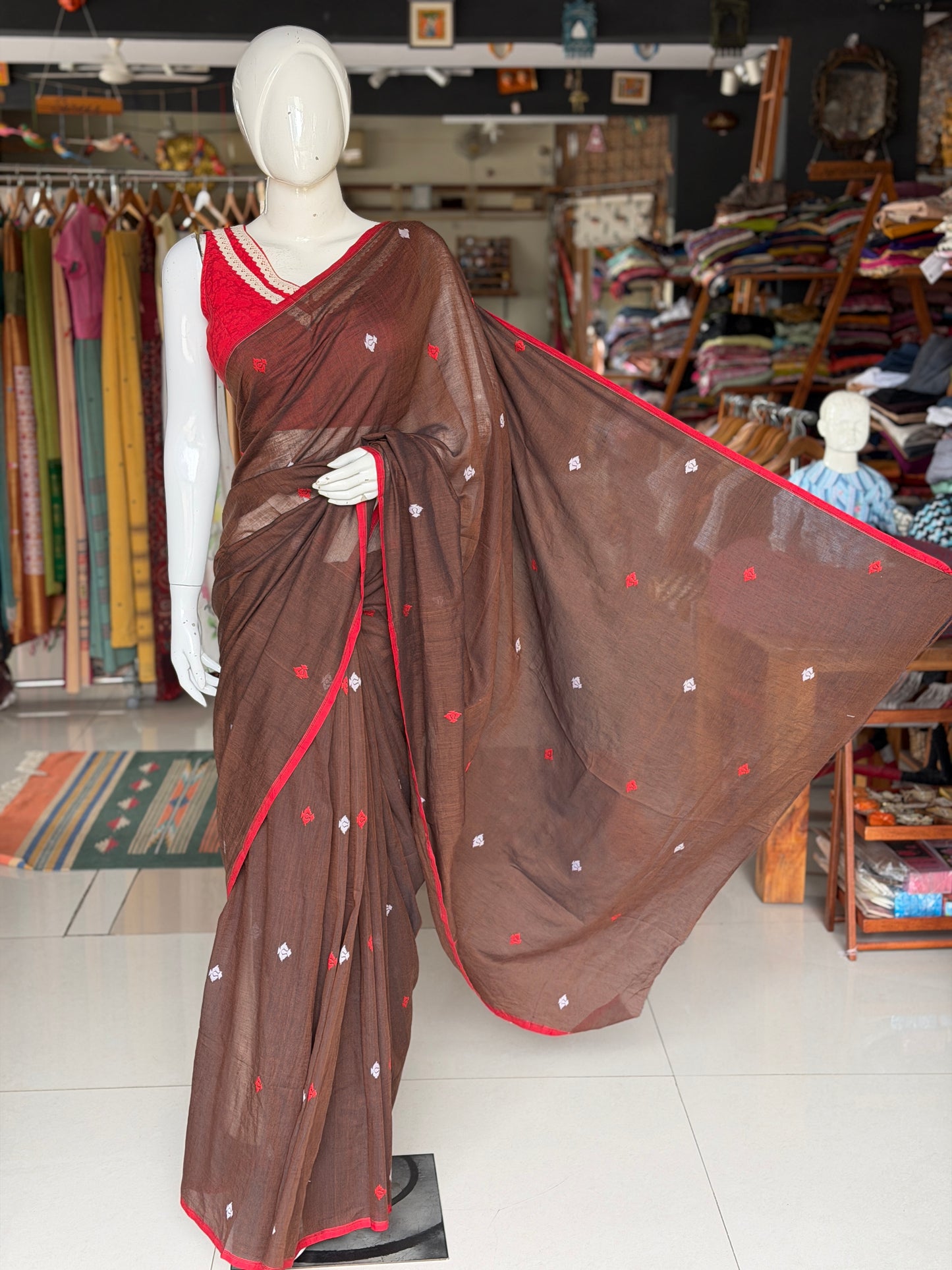 Brown Jamdani handwoven soft cotton yardage / saree