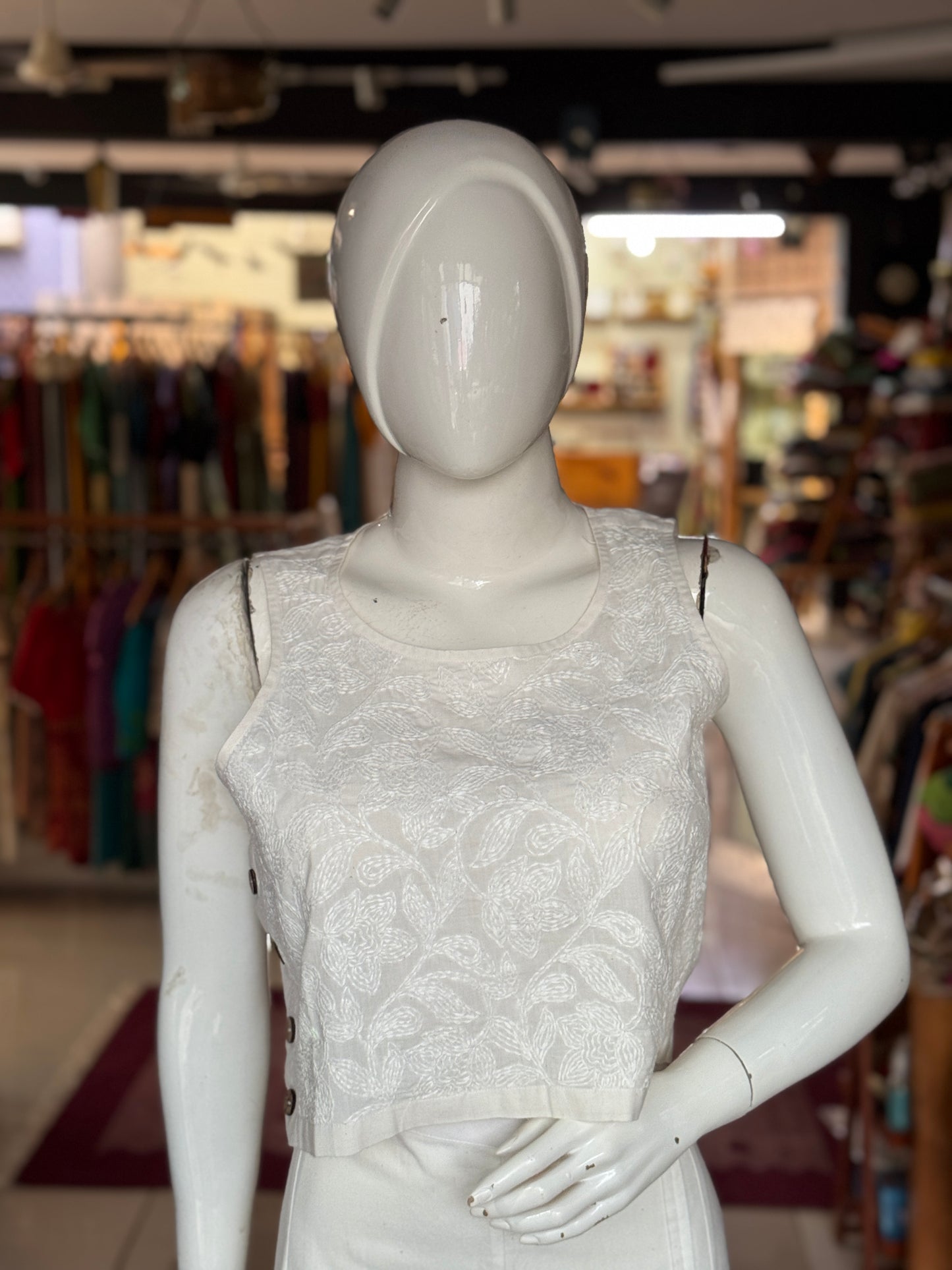 White Crop top / blouse - Chikankari hand embroidered handwoven cotton with wooden side buttons